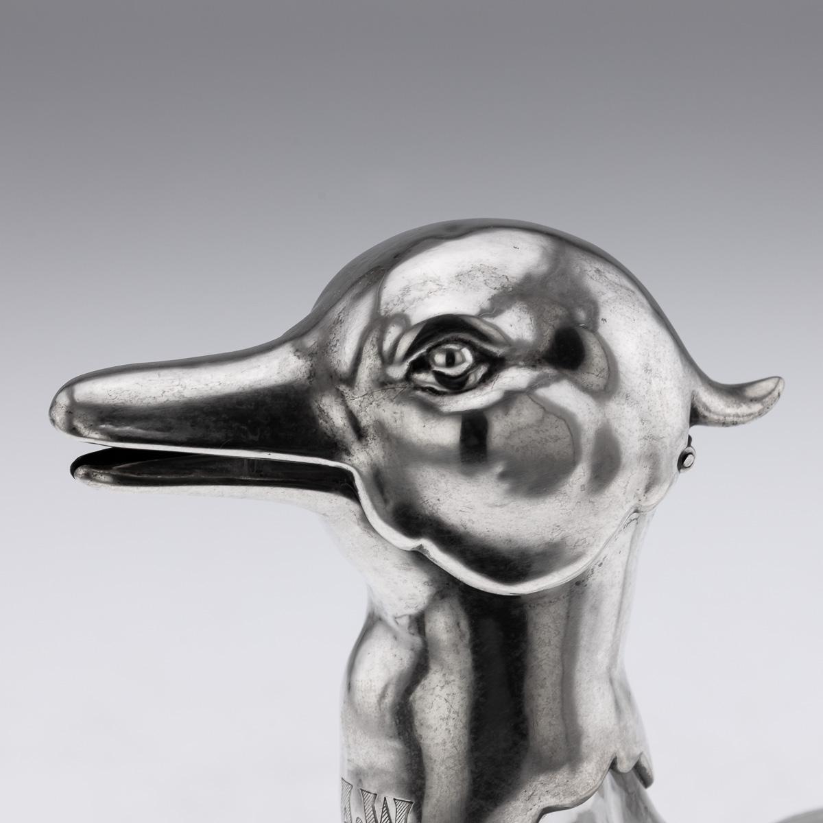 20th Century Continental Solid Silver & Clear Glass Novelty 'Duck' Claret Jug For Sale 3