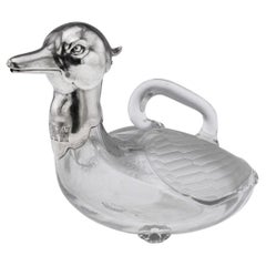 20th Century Continental Solid Silver & Clear Glass Novelty 'Duck' Claret Jug