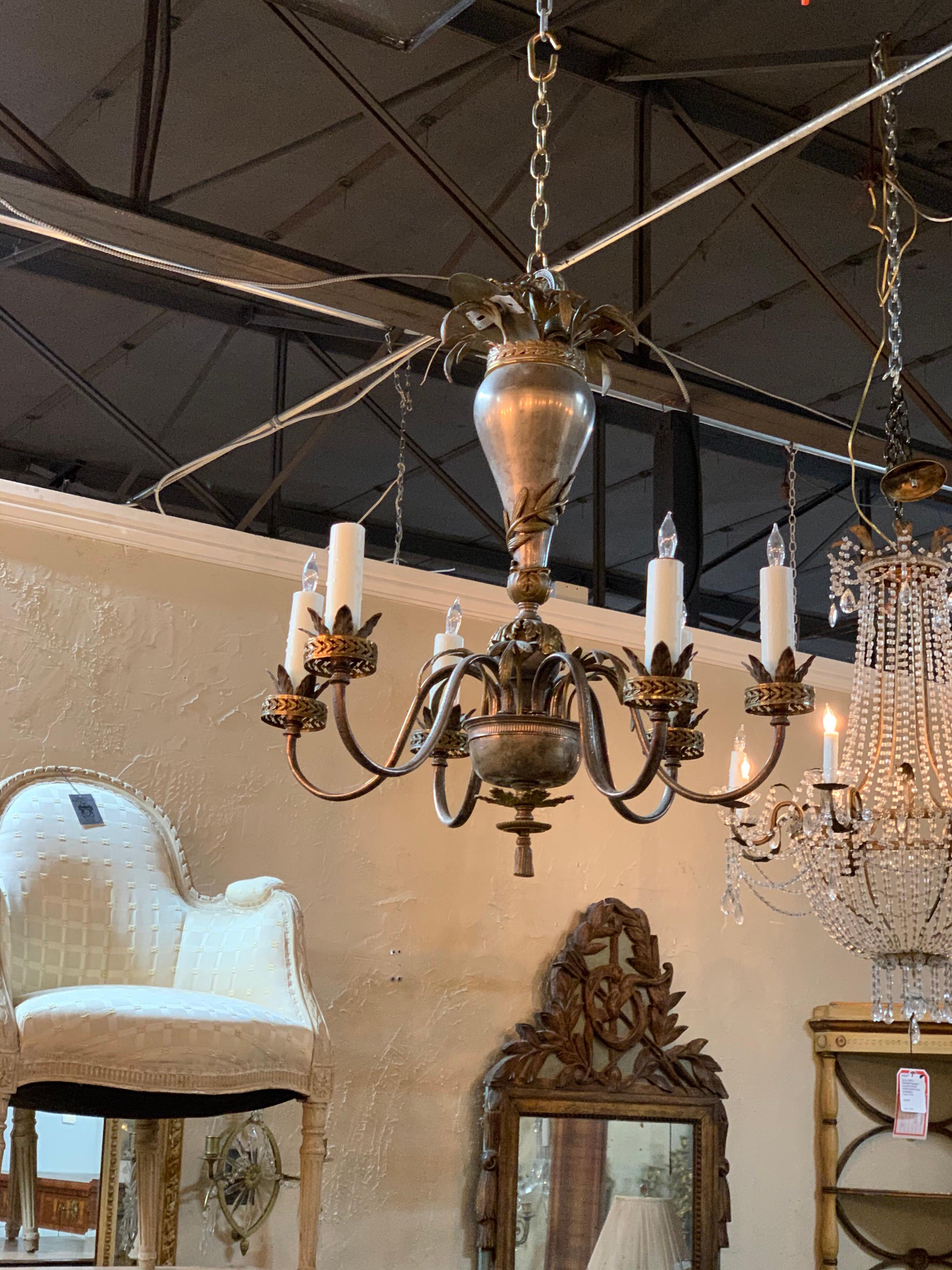 20th Century Continental Style Silvered Brass 6-Light Chandelier 4