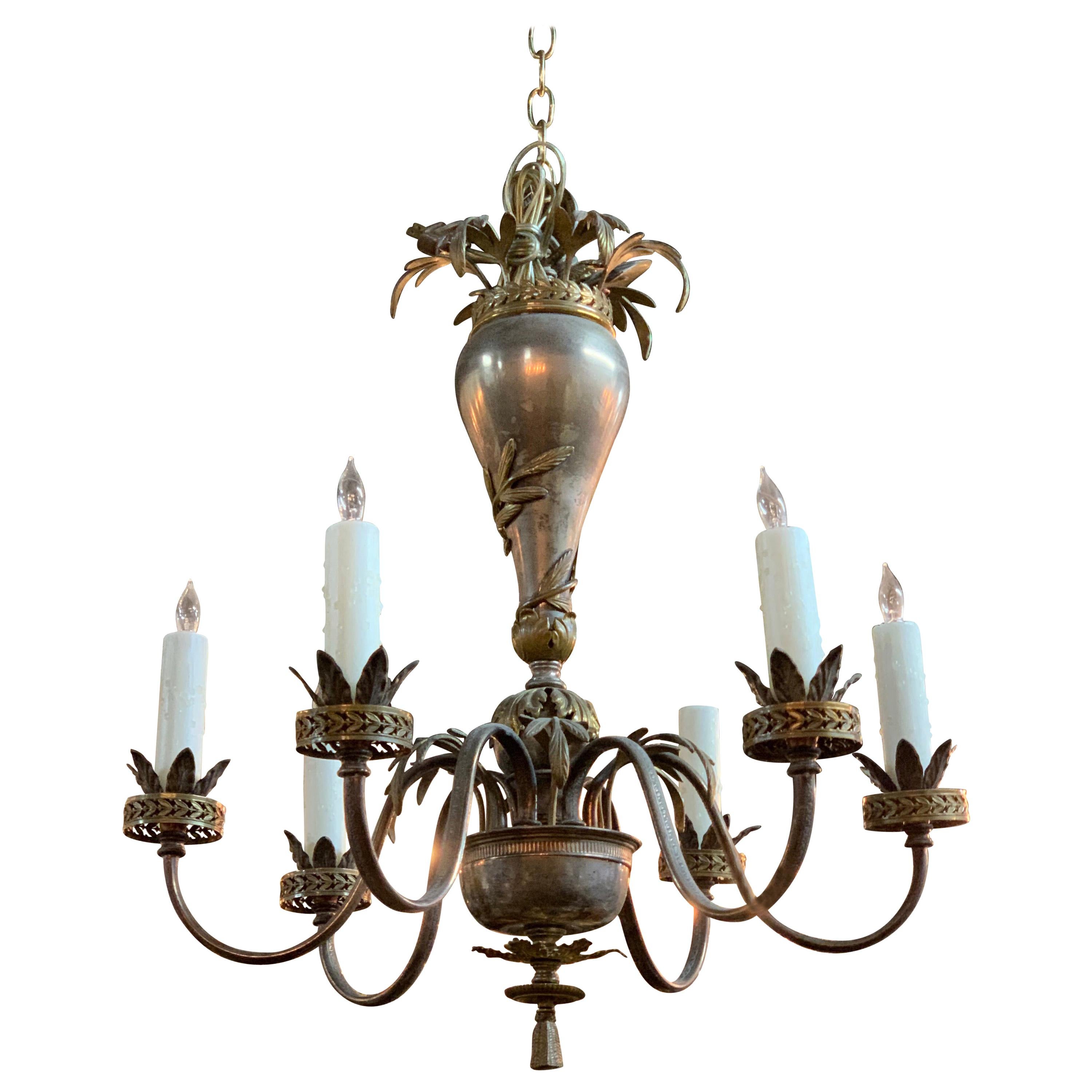 20th Century Continental Style Silvered Brass 6-Light Chandelier