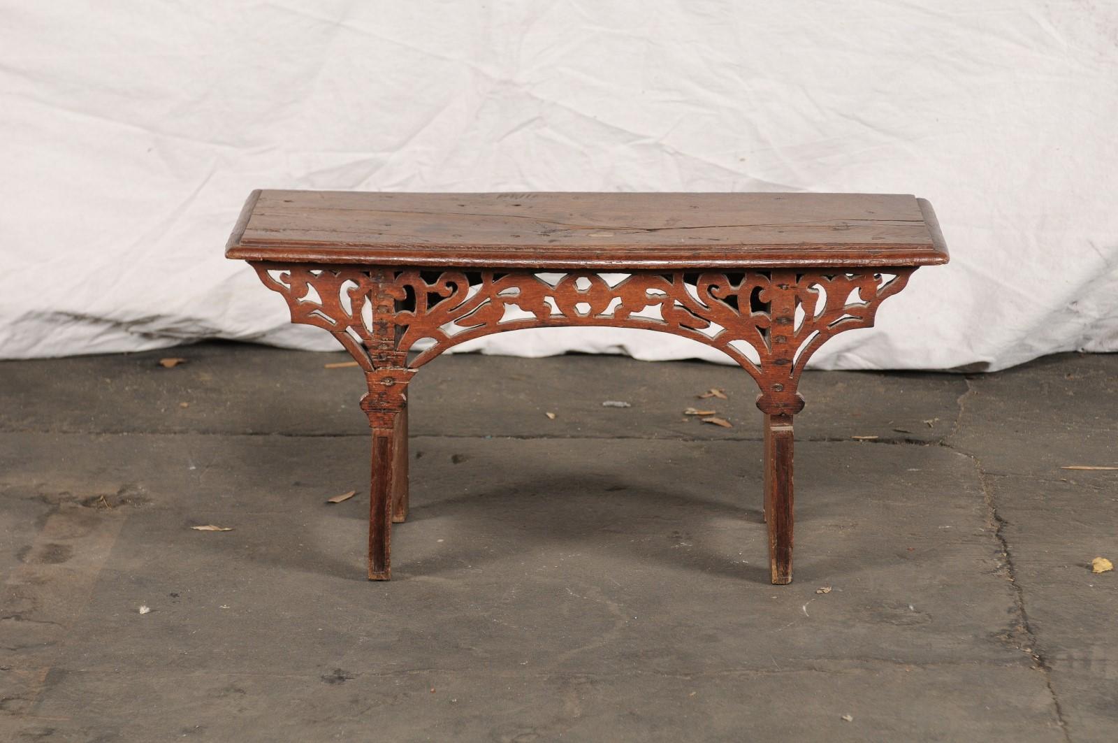 European 20th Century Continental Walnut Bench with Reticulated Carved Front, Labeled