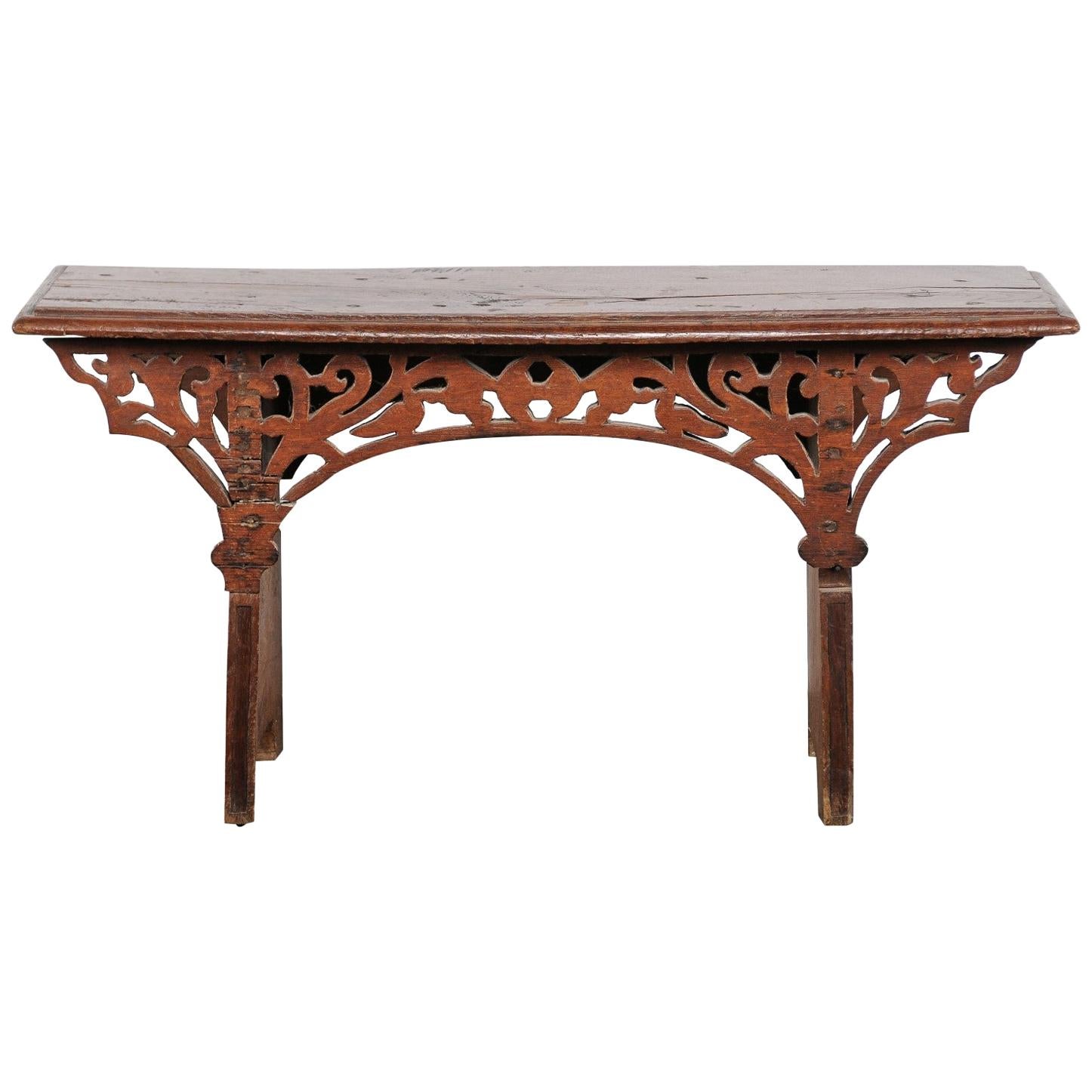 20th Century Continental Walnut Bench with Reticulated Carved Front, Labeled