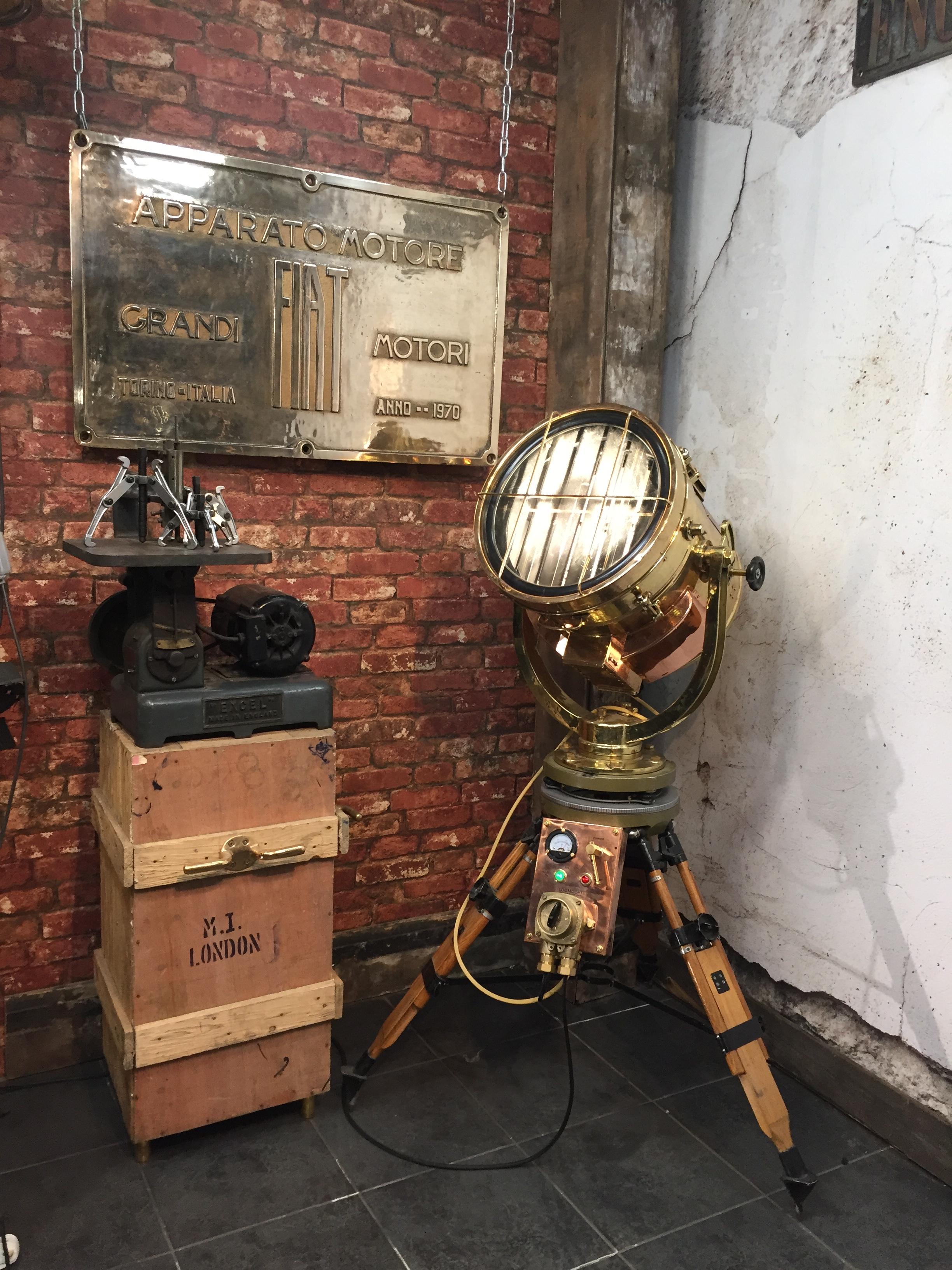 Industrial 20th Century Copper & Brass Signalling Floor Lamp and Military Gyroscope Tripod For Sale