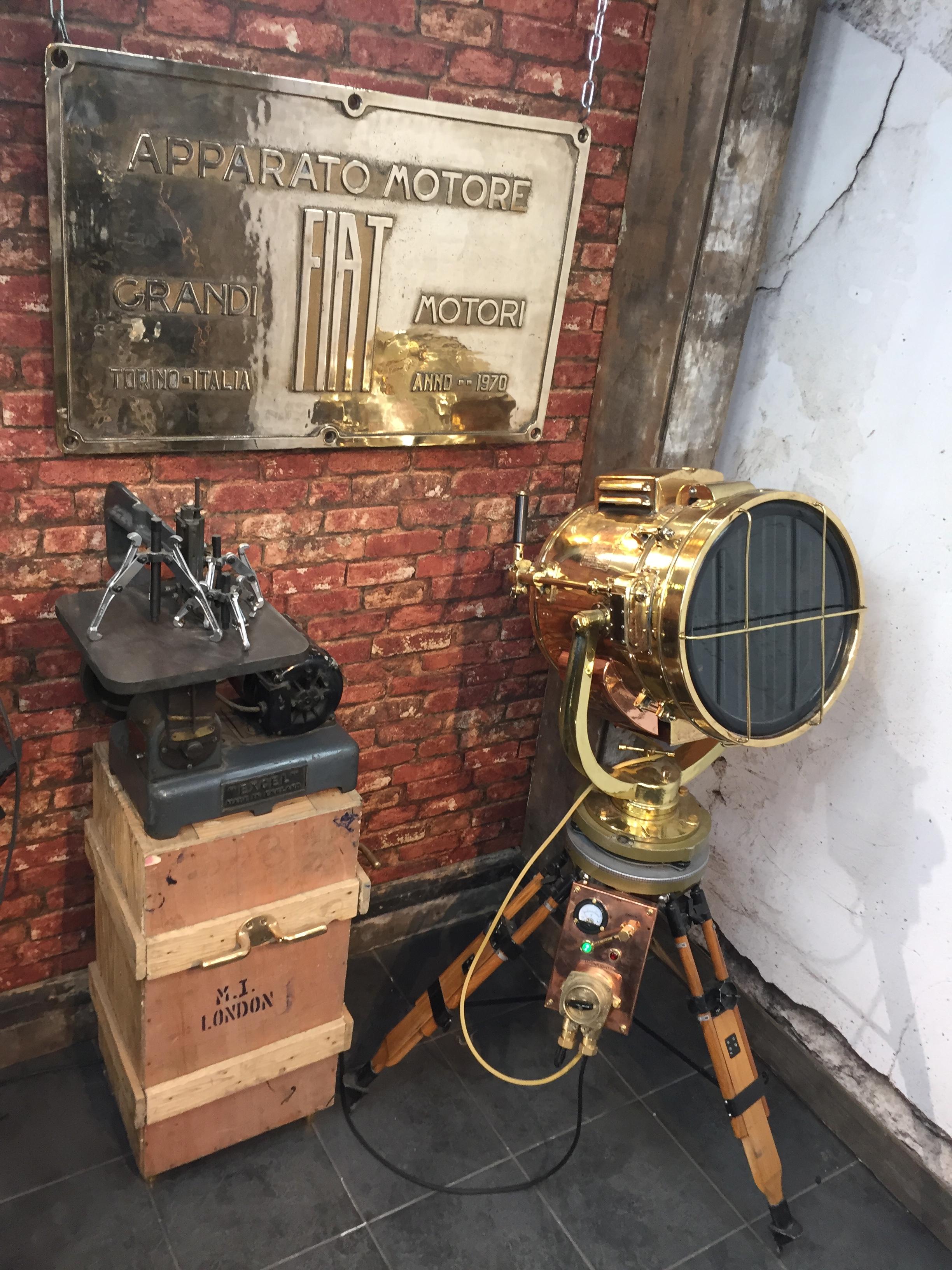 Cast 20th Century Copper & Brass Signalling Floor Lamp and Military Gyroscope Tripod For Sale