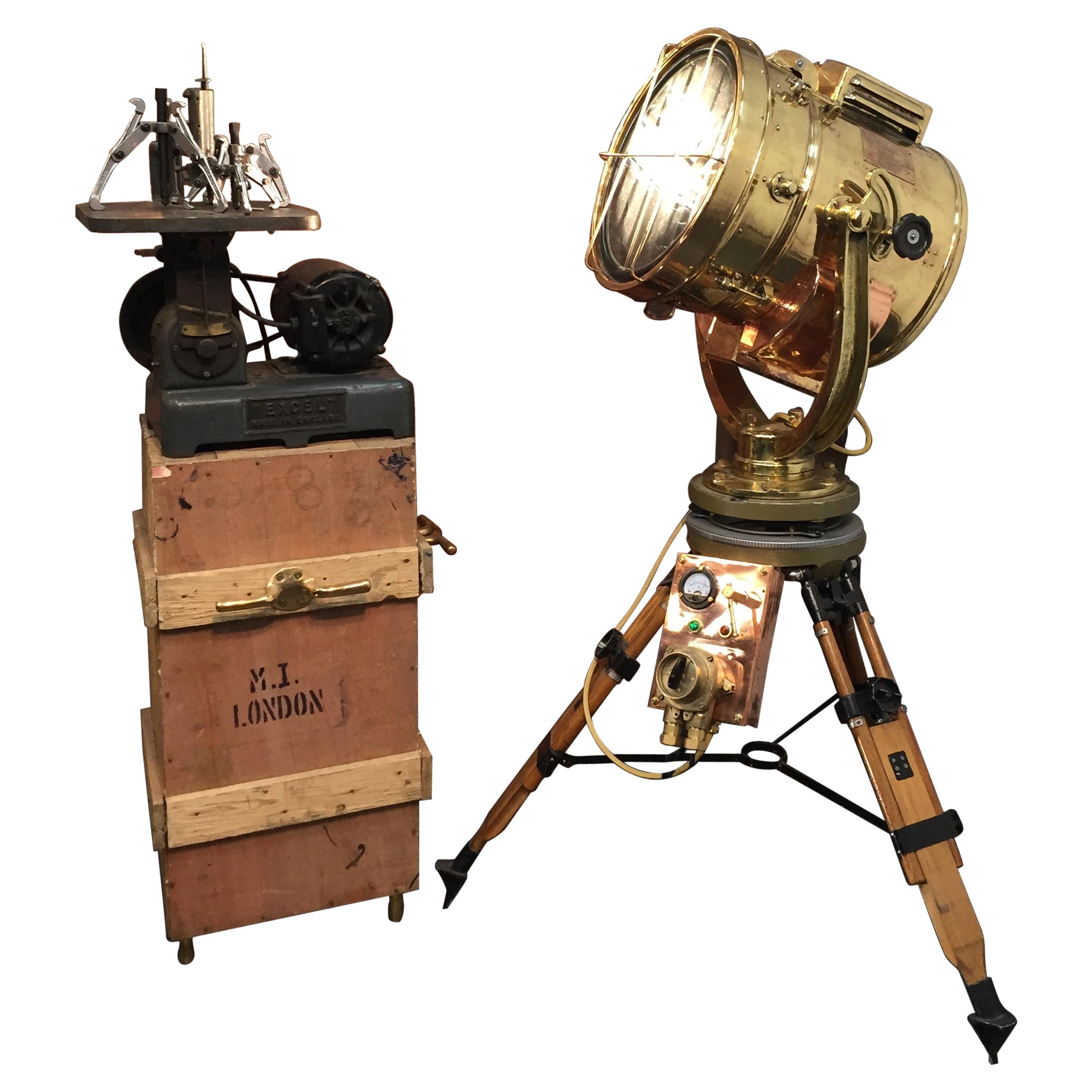 20th Century Copper & Brass Signalling Floor Lamp and Military Gyroscope Tripod