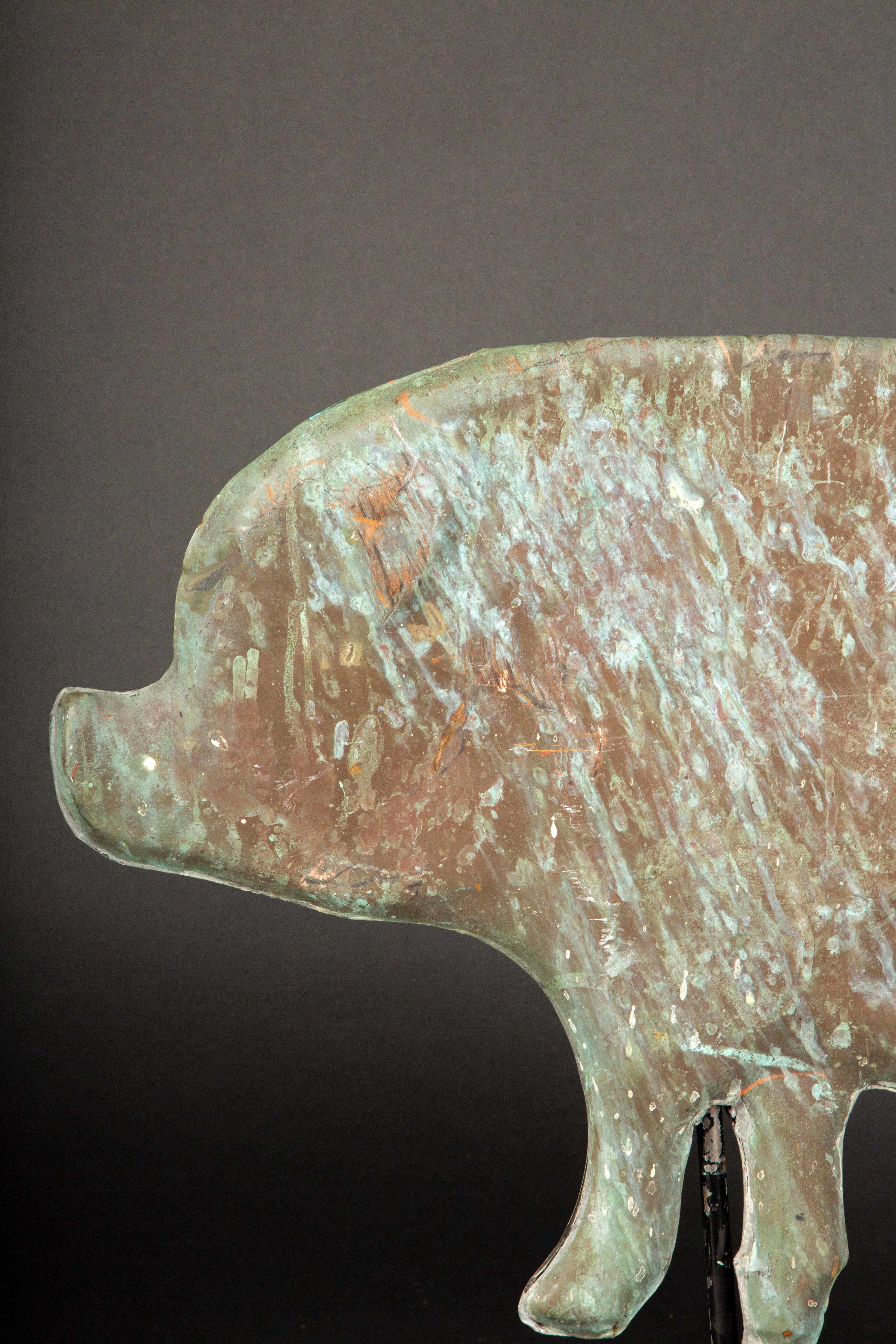American Colonial 20th Century Copper Pig Weathervane Mounted on Wood Base