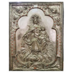 20th Century Copper Silver-Plate Plaque, with Coral Inserts, Madonna del Carmine