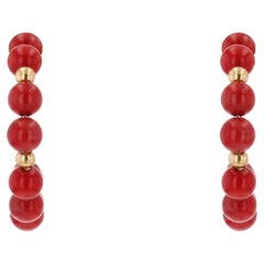 20th Century Coral Beads 18 Karat Yellow Gold Hoop Earrings