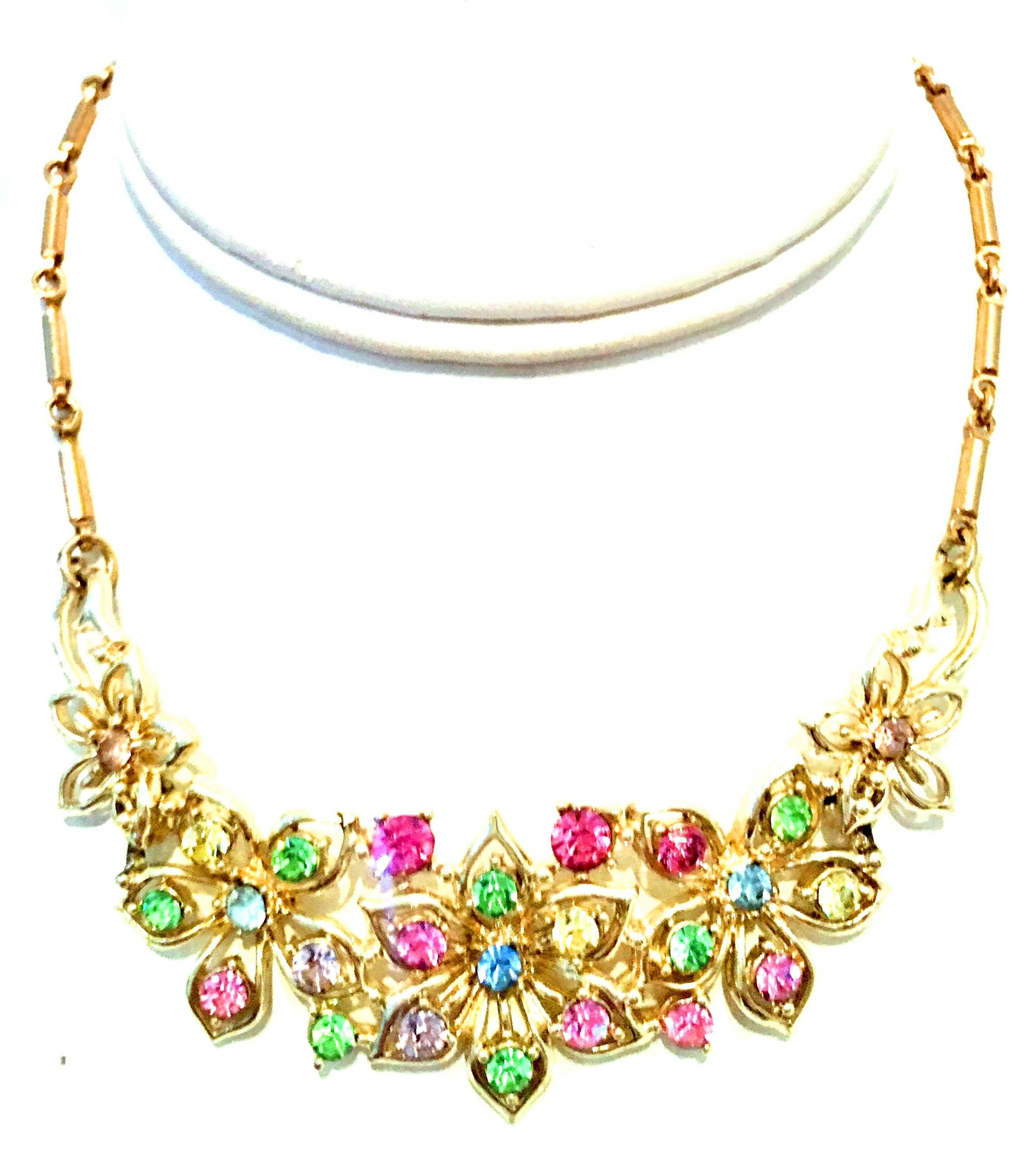 20th Century Coro Gold And Austrian Crystal Necklace & Bracelet  Set Of Two. This finely crafted two piece set signed Coro includes an adjustable choker style necklace and link bracelet.  The necklace features gold plate fancy prong set cut and