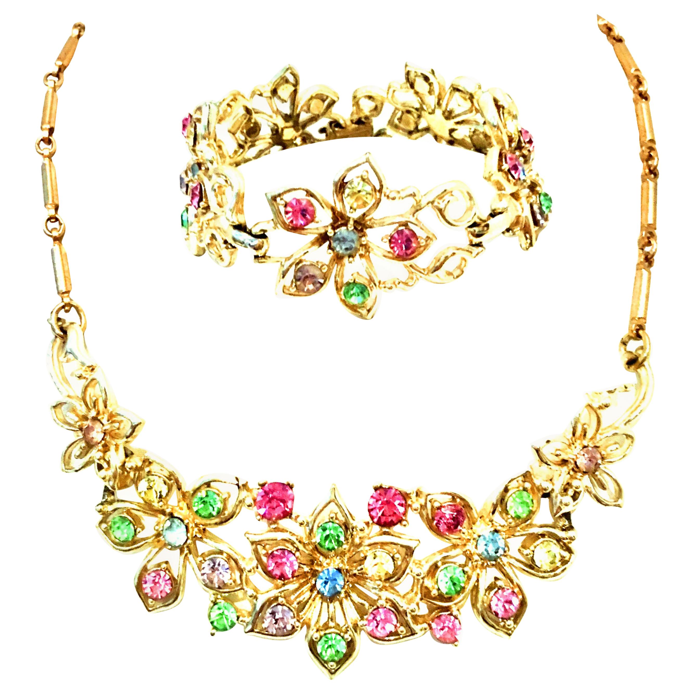 20th Century Coro Gold And Austrian Crystal Necklace & Bracelet  Set Of Two For Sale