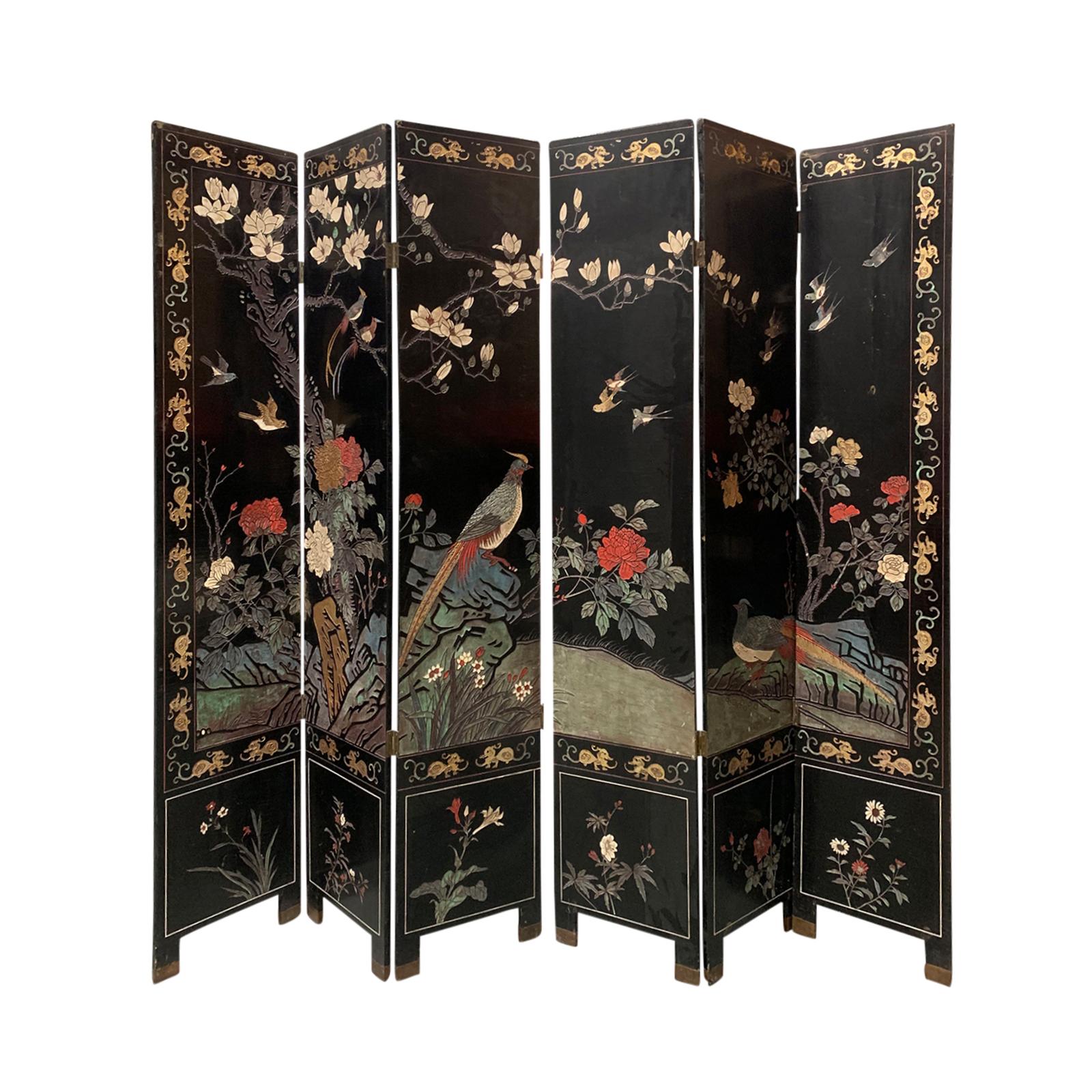 20th century Coromandel chinoiserie six-panel screen
Two pieces, three panels per screen
Primary photo shows both sides (front and back).