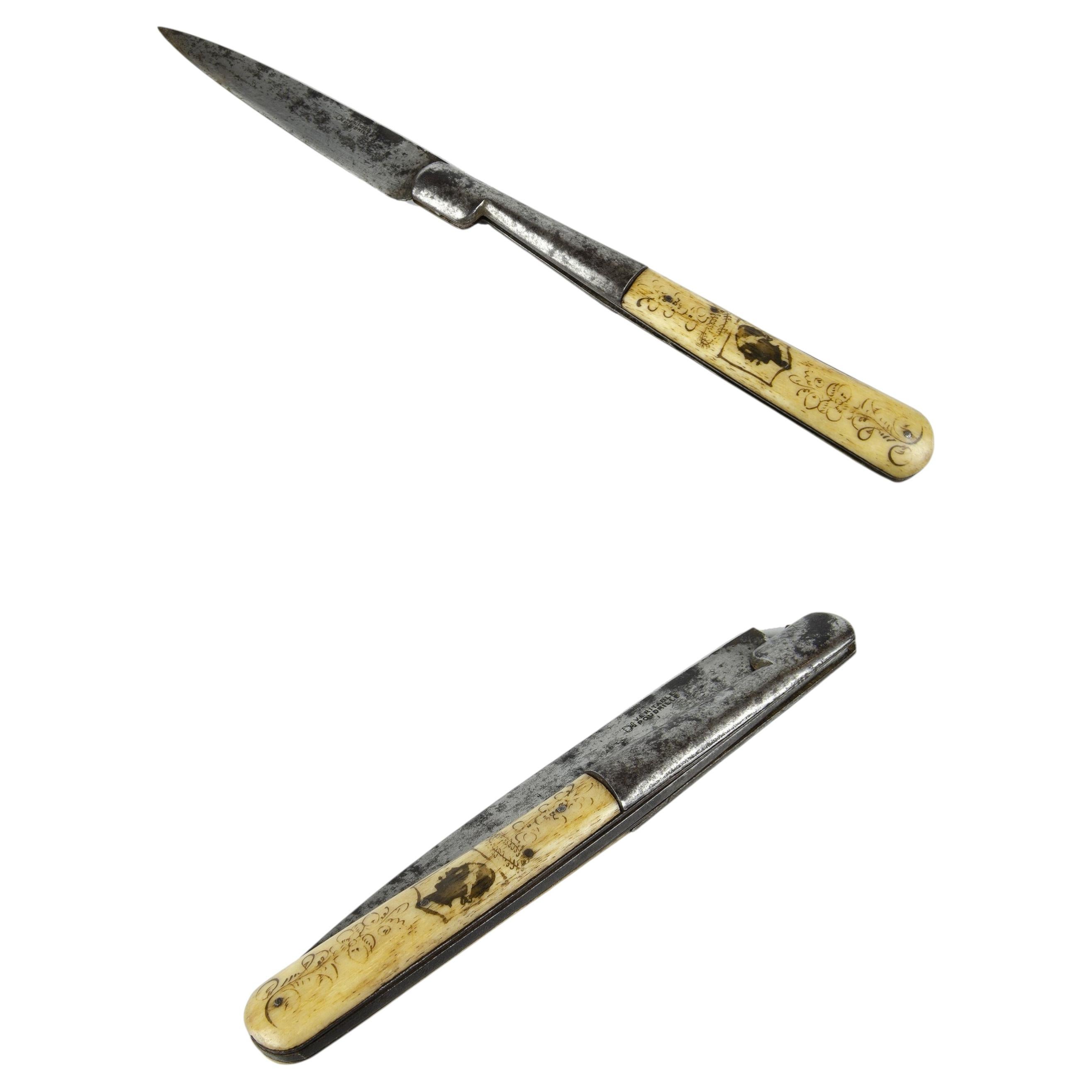 20th Century Corsican Vendetta-Style Folding Steel Knife with Carved Handle