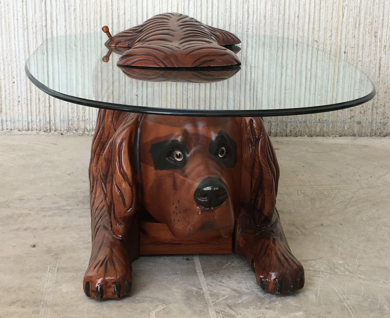 20th Century Country Carved Table Featured a Lifesize Dog with Cristal