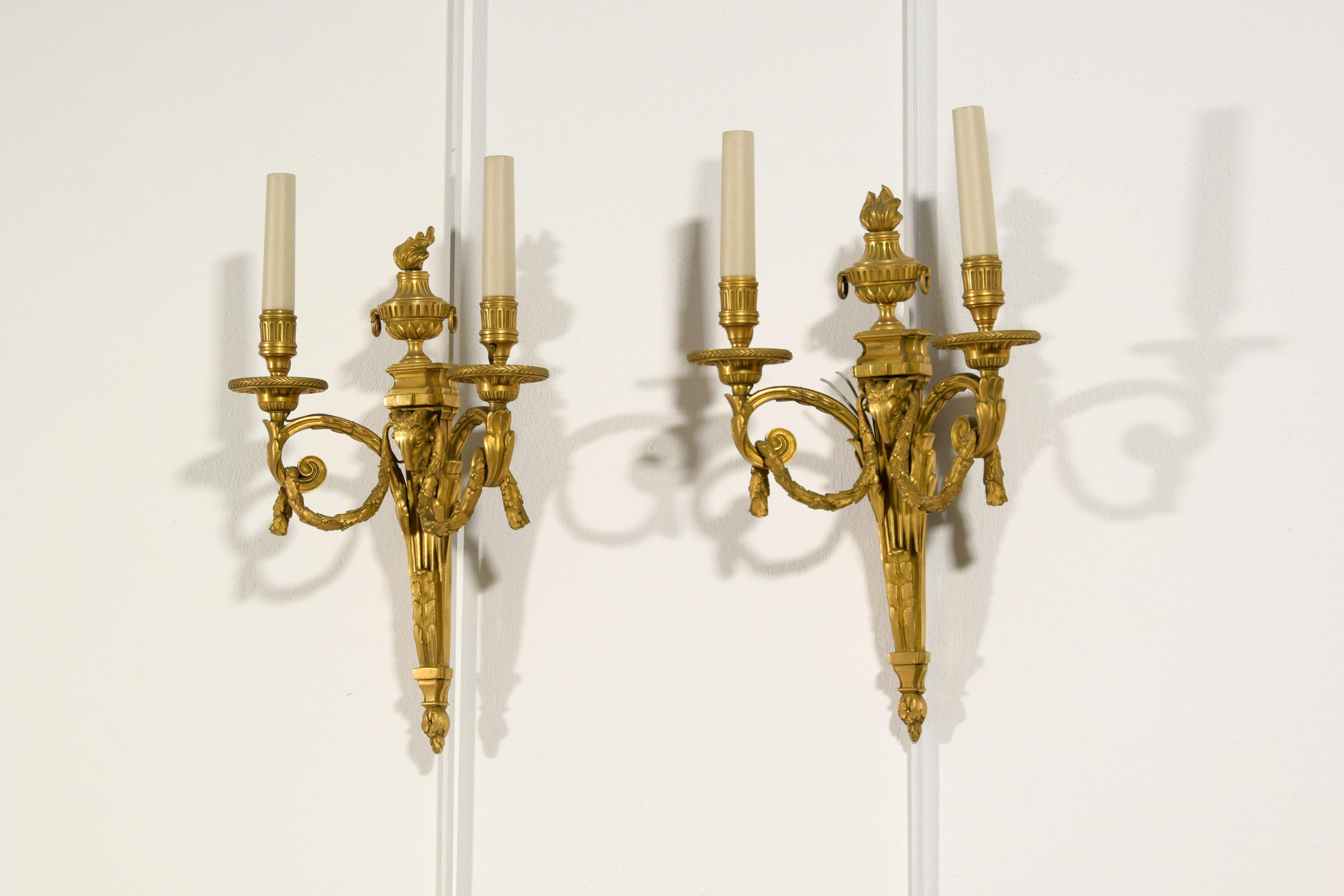 20th Century, Couple of French Gilt Bronze Two-light Sconces 8
