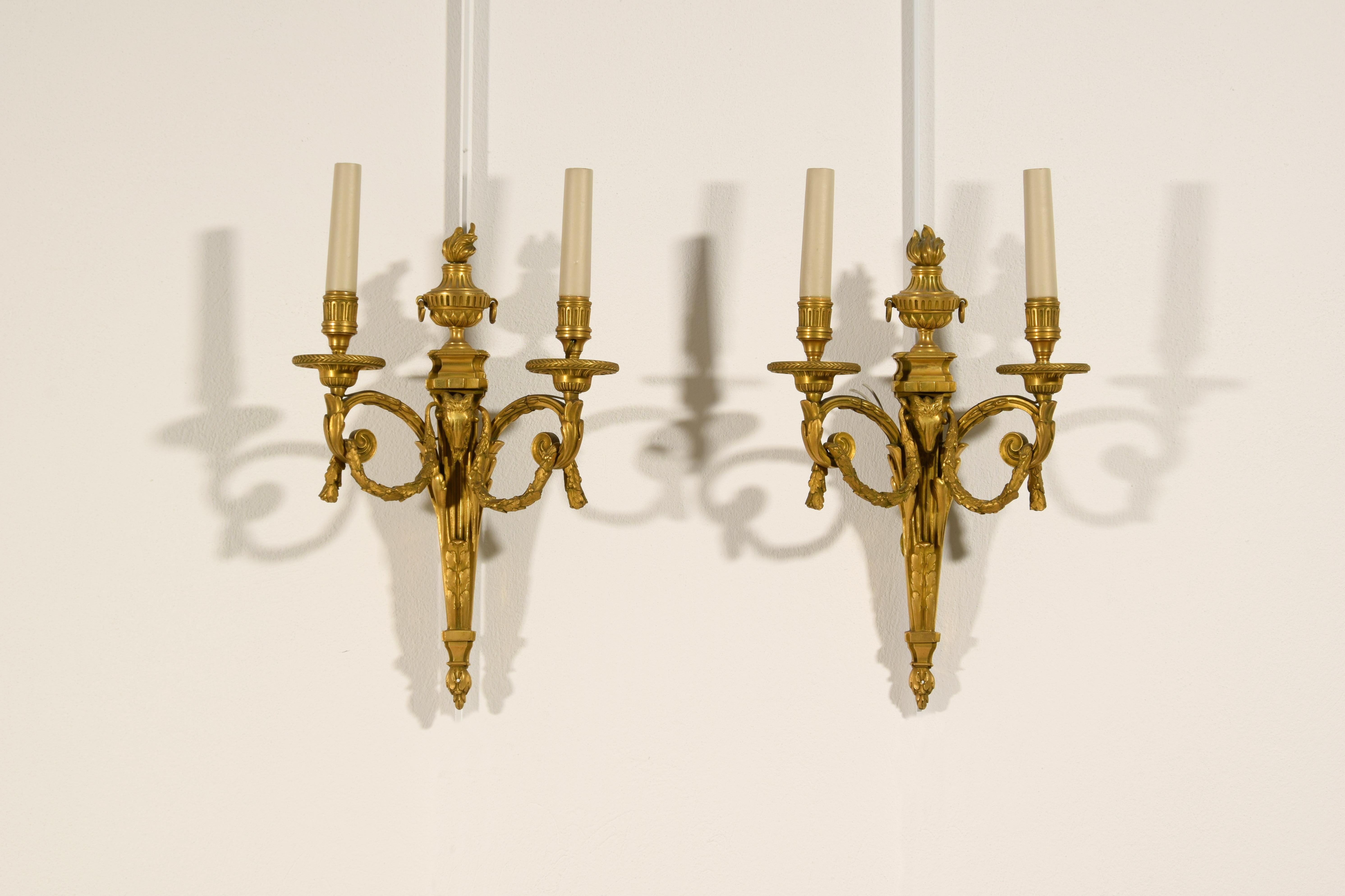 20th Century, Couple of French Gilt Bronze Two-light Sconces 10