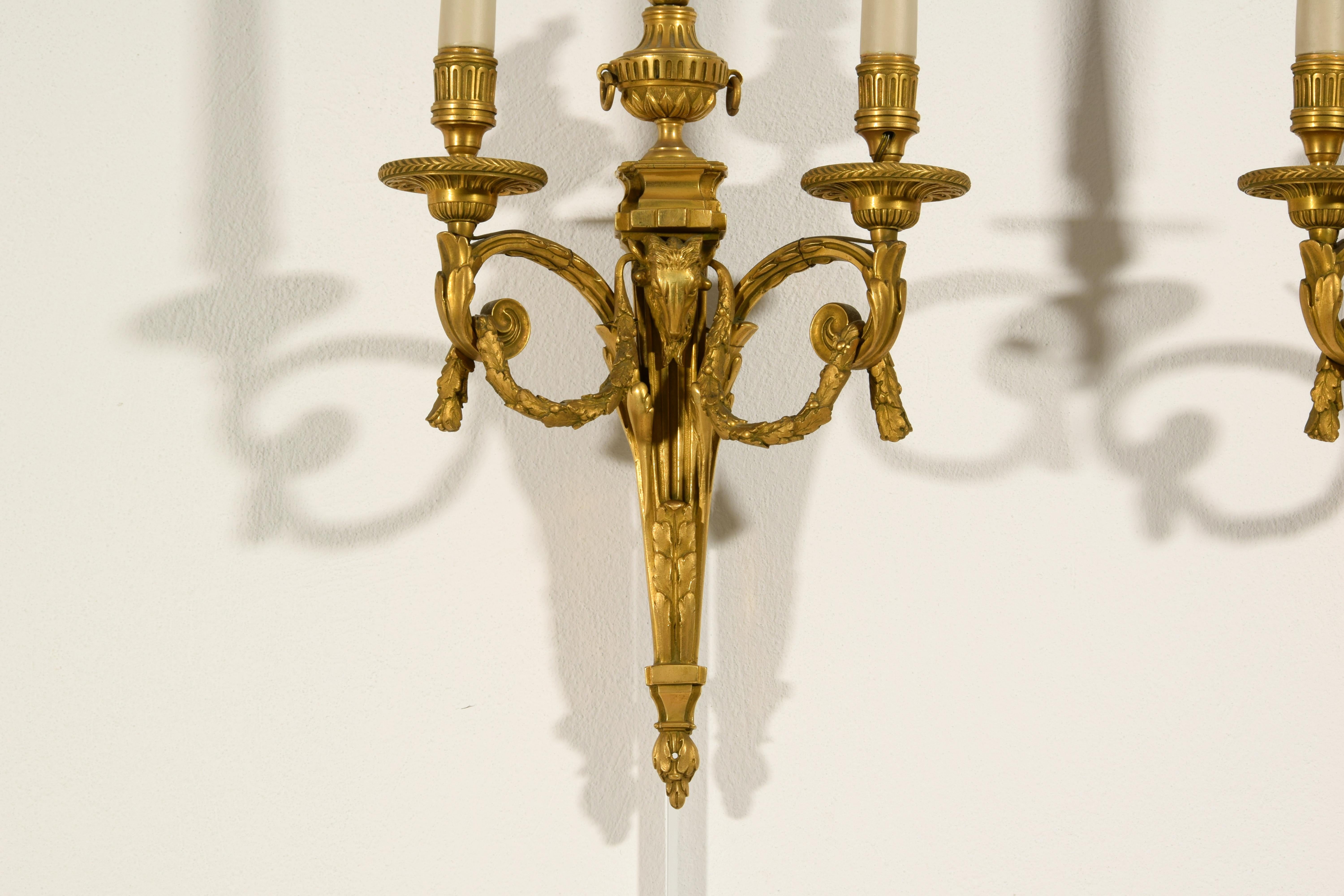 20th Century, Couple of French Gilt Bronze Two-light Sconces 11