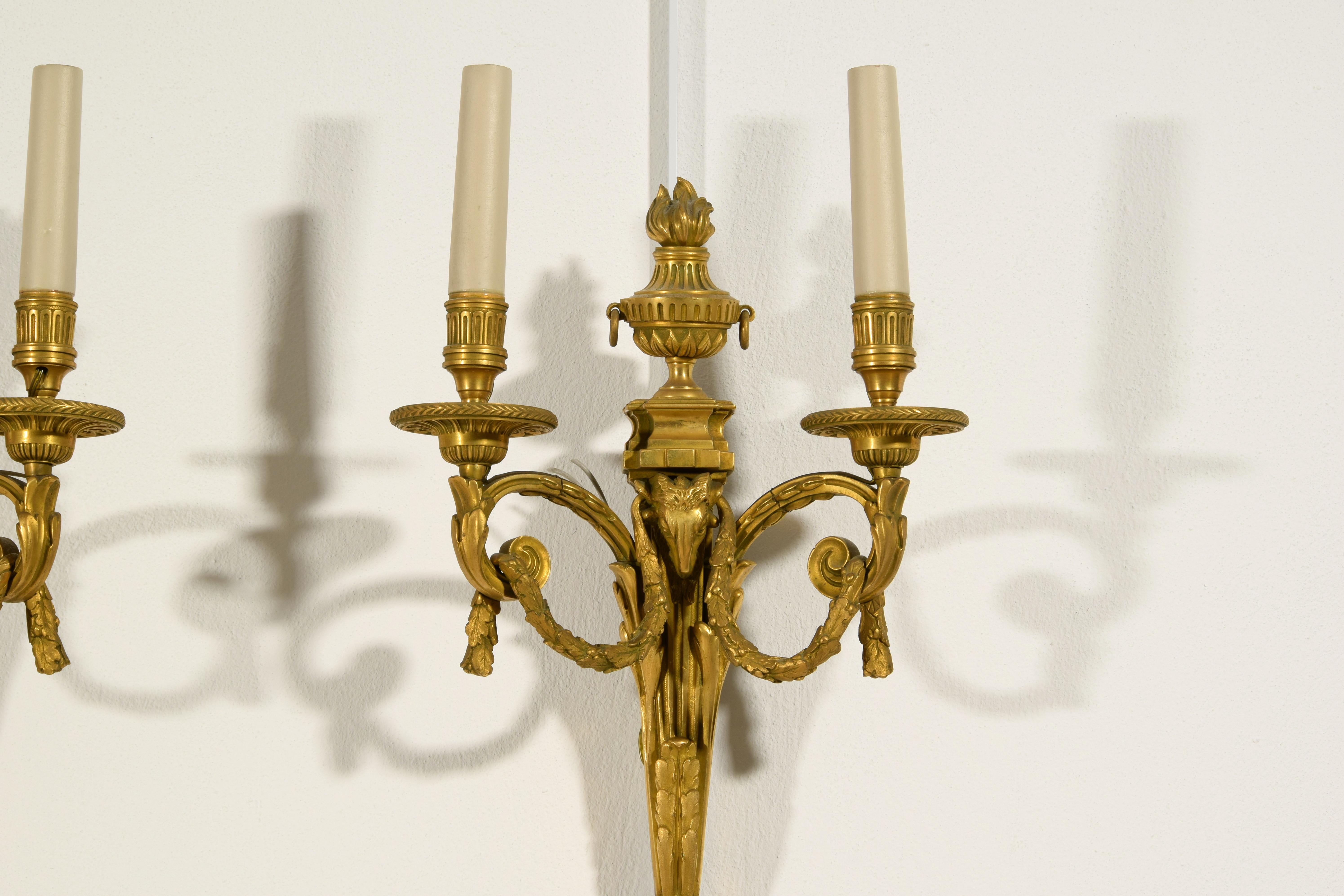 20th Century, Couple of French Gilt Bronze Two-light Sconces 12