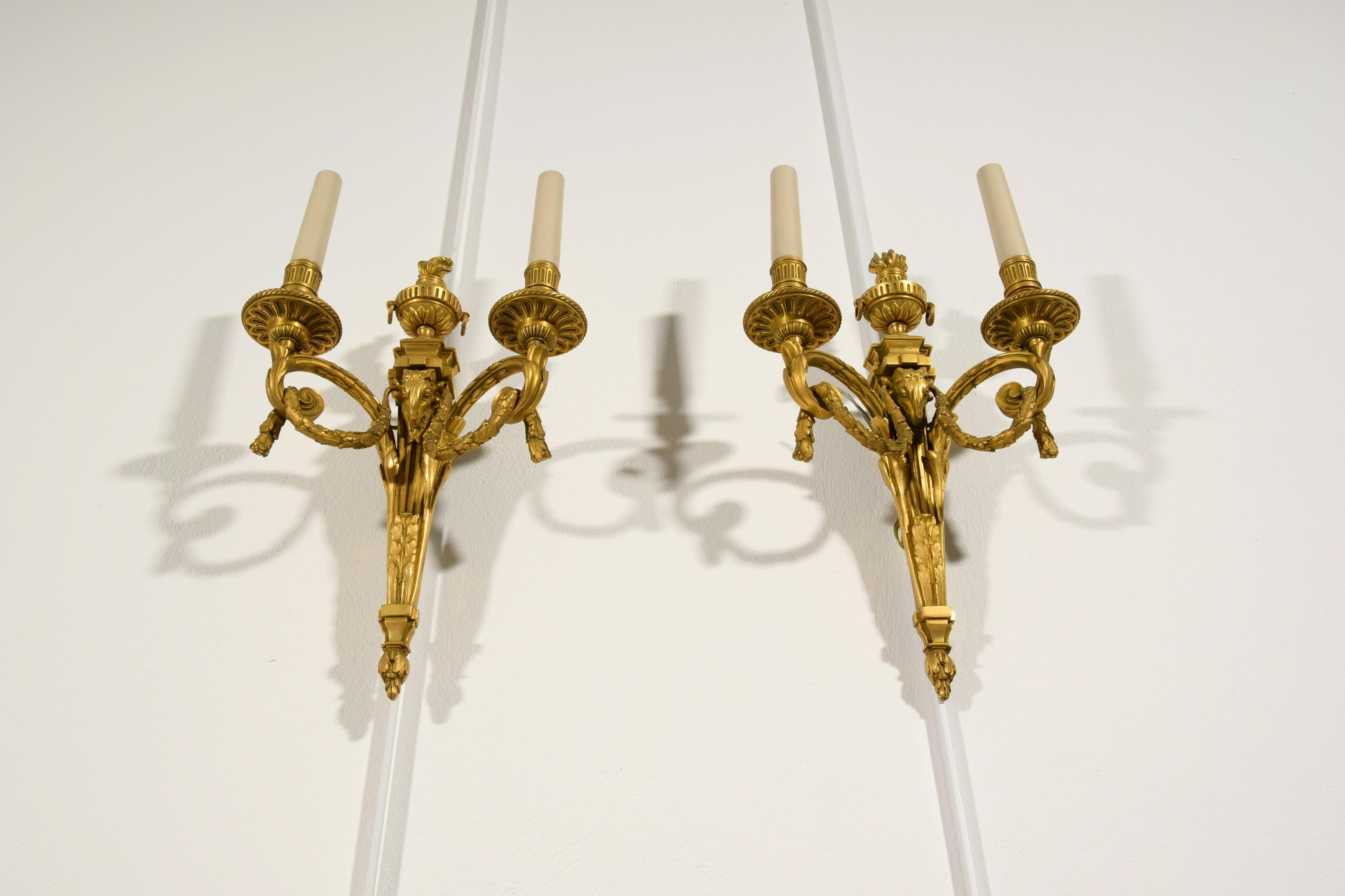 20th Century, Couple of French Gilt Bronze Two-light Sconces 14