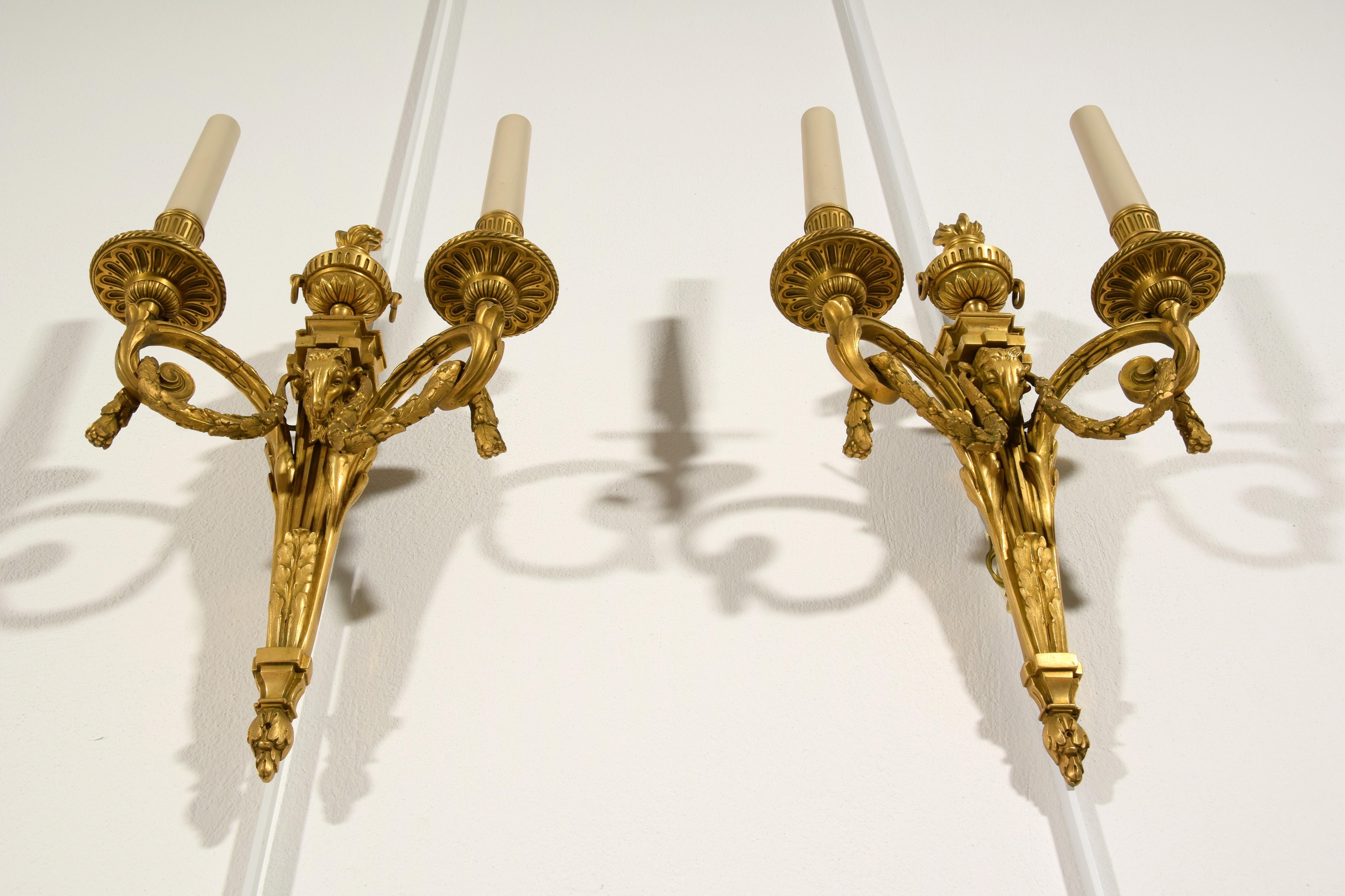 20th Century, Couple of French Gilt Bronze Two-light Sconces 16
