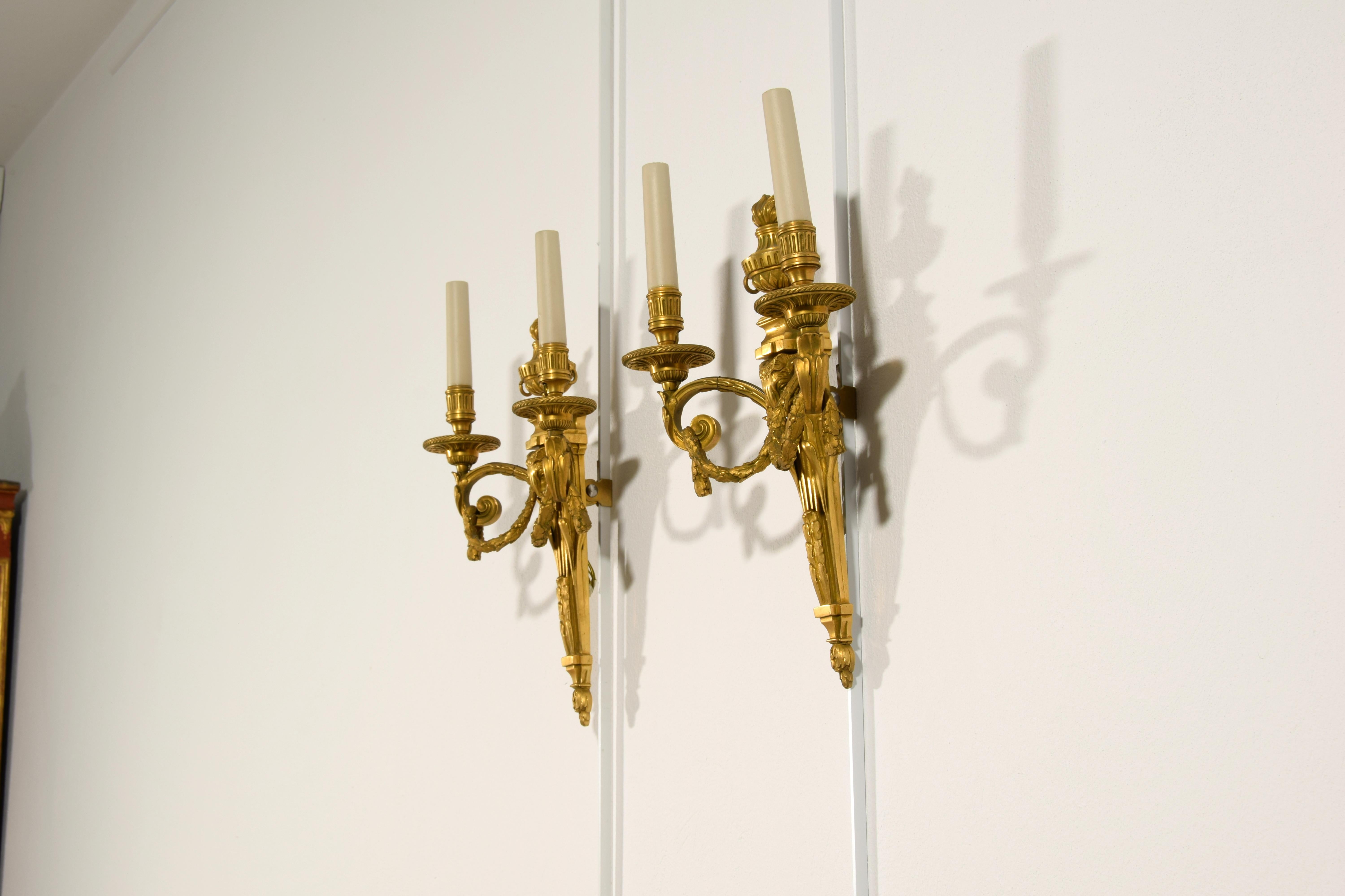 20th Century, Couple of French Gilt Bronze Two-light Sconces 17