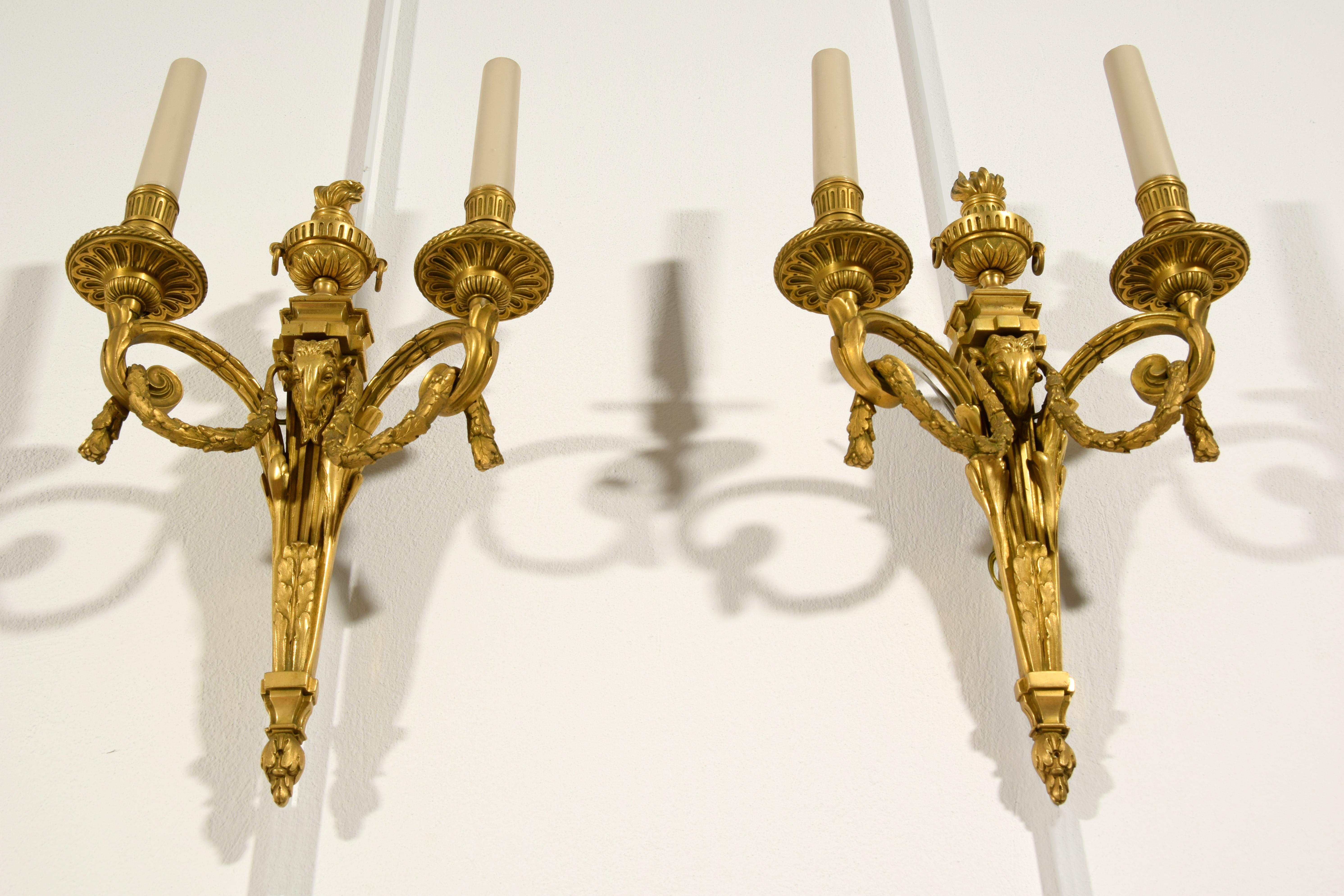 20th Century, Couple of French Gilt Bronze Two-light Sconces 1