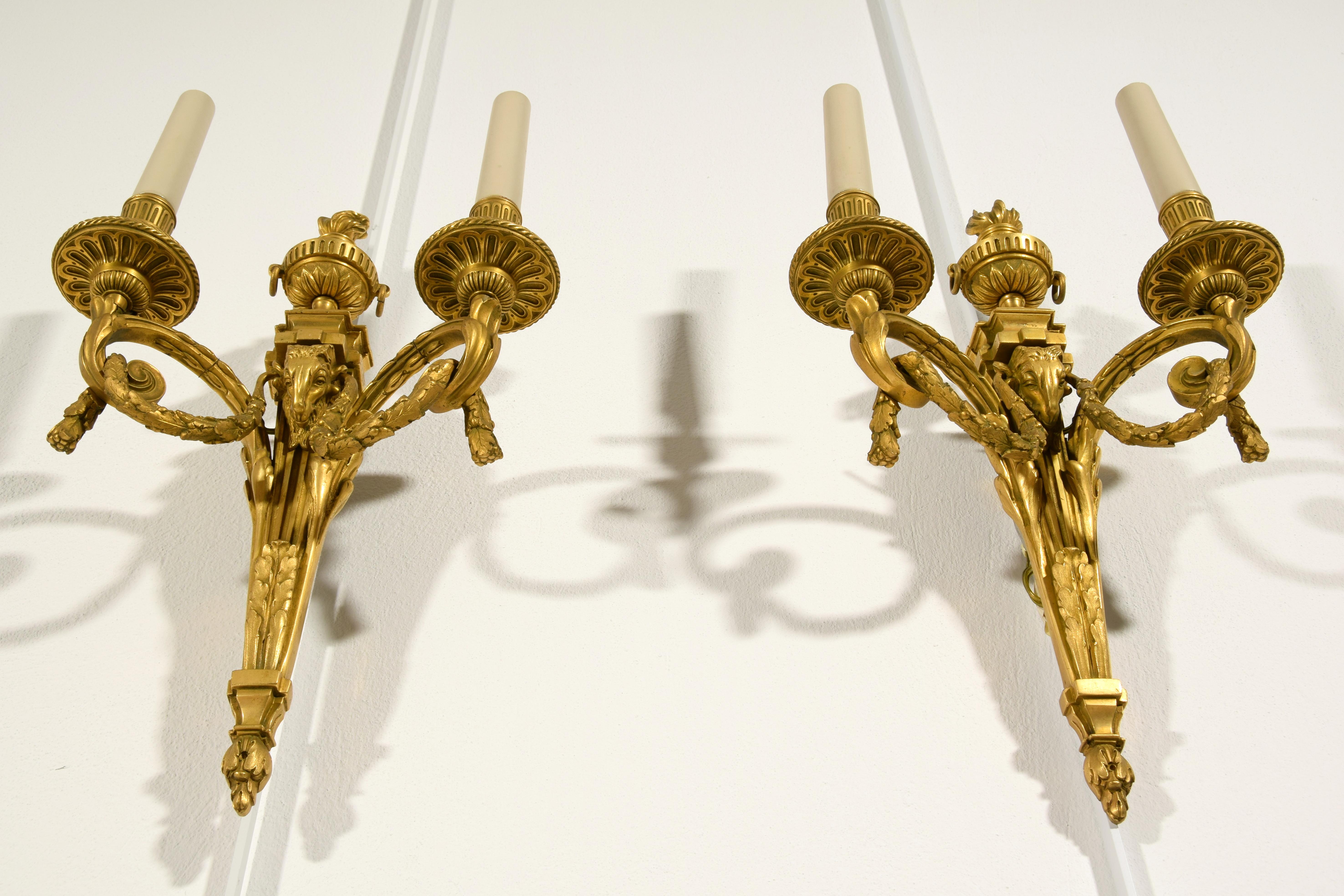 20th Century, Couple of French Gilt Bronze Two-light Sconces 2