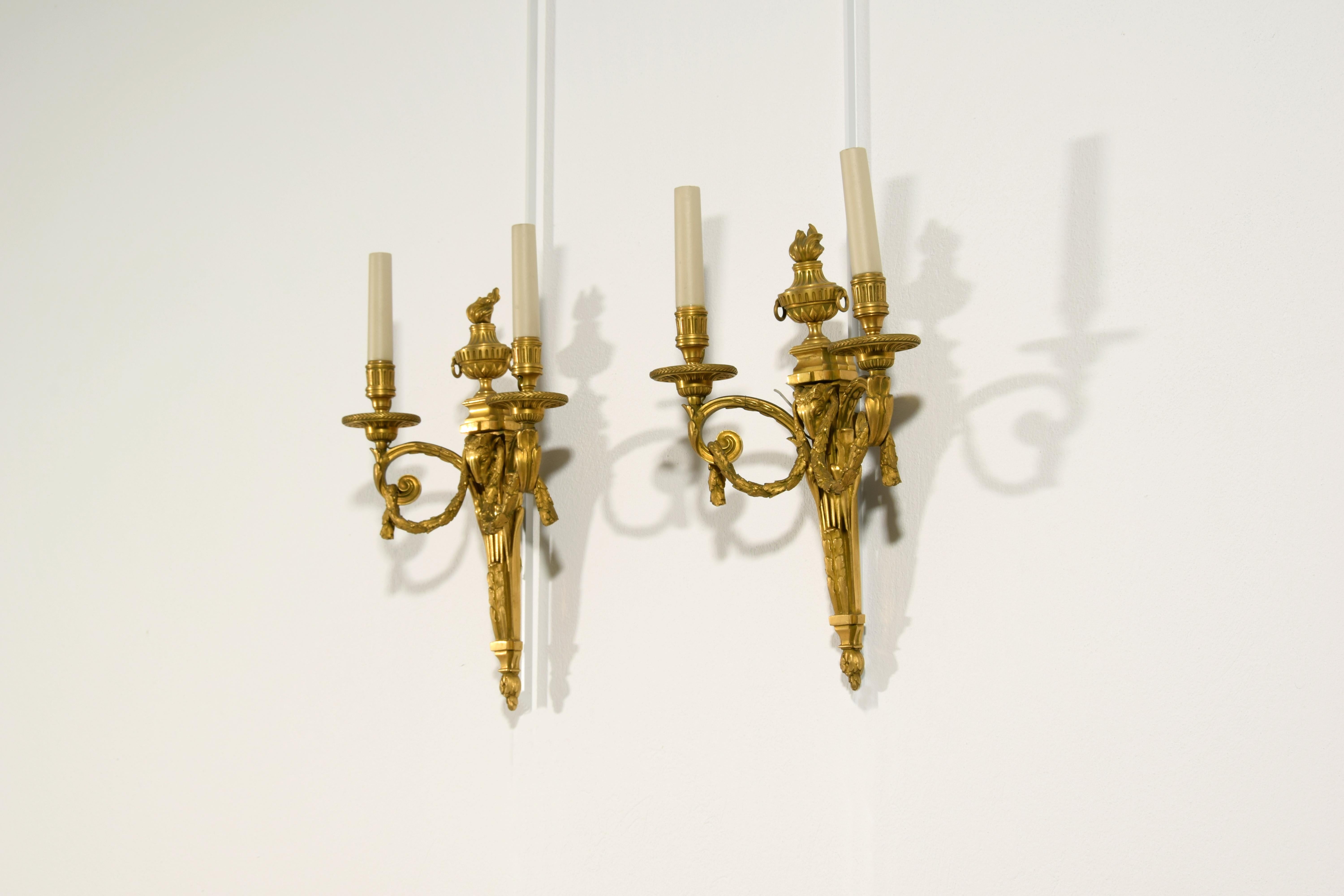 20th Century, Couple of French Gilt Bronze Two-light Sconces 3