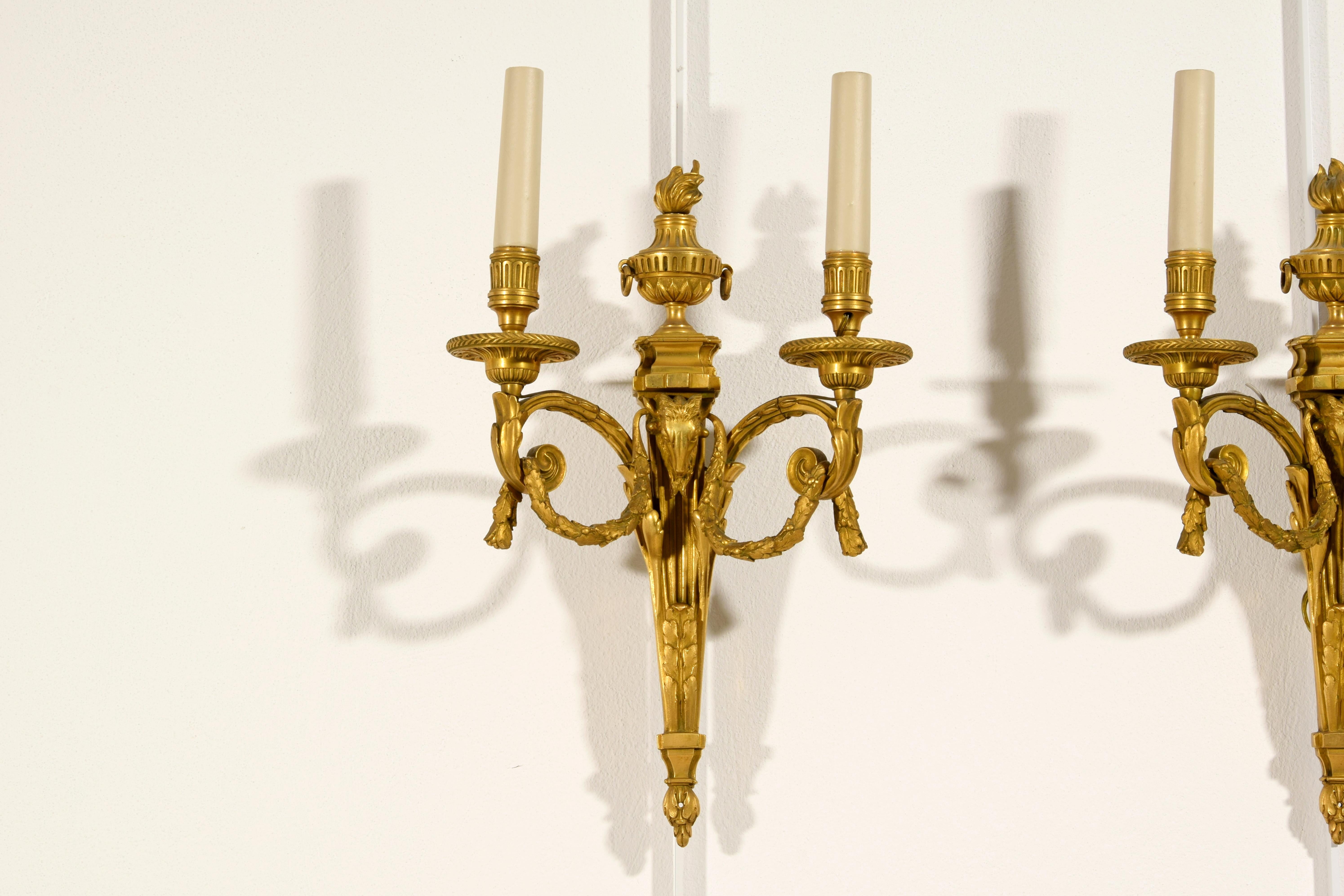 20th Century, Couple of French Gilt Bronze Two-light Sconces 4