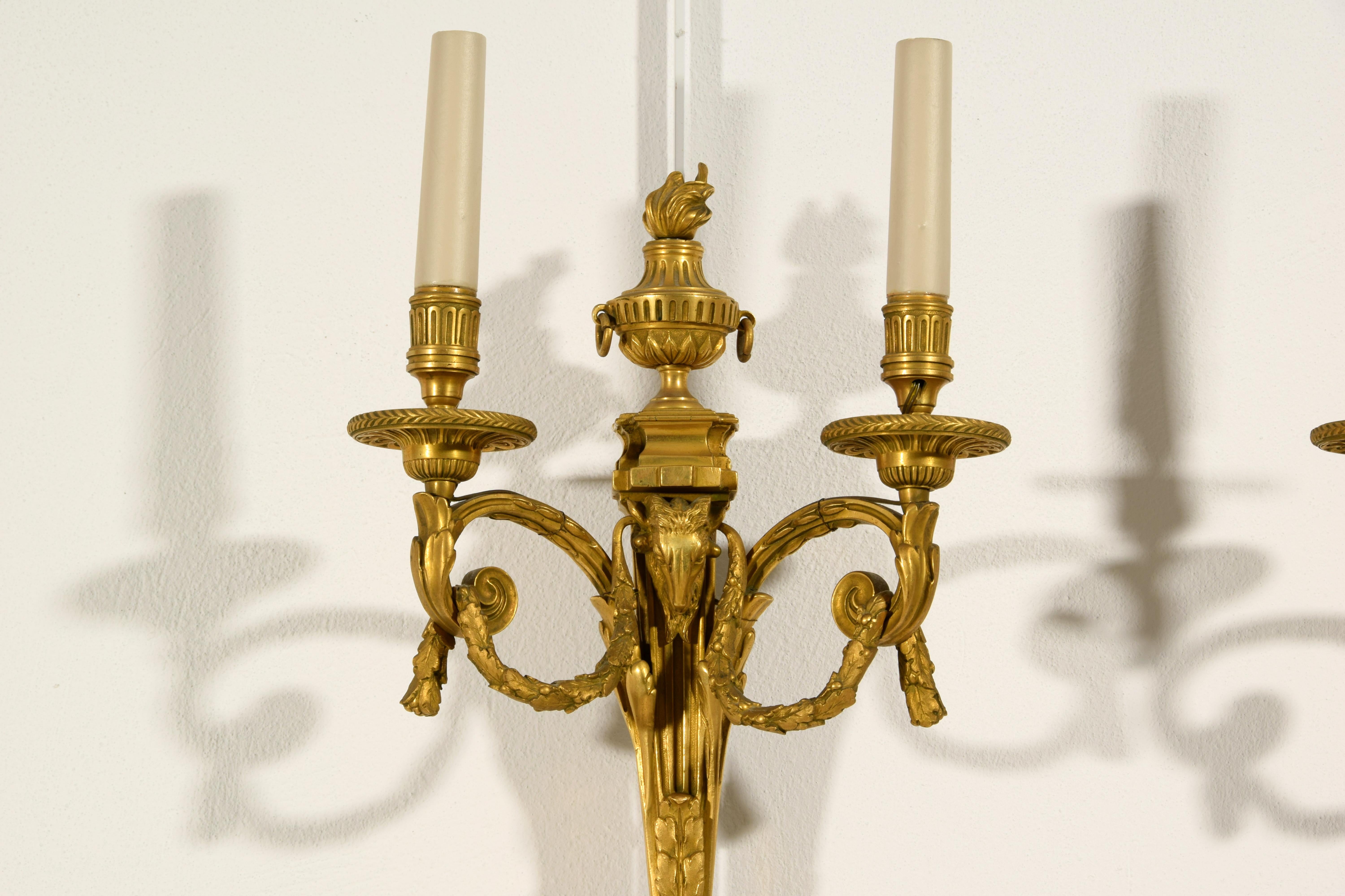 20th Century, Couple of French Gilt Bronze Two-light Sconces 6