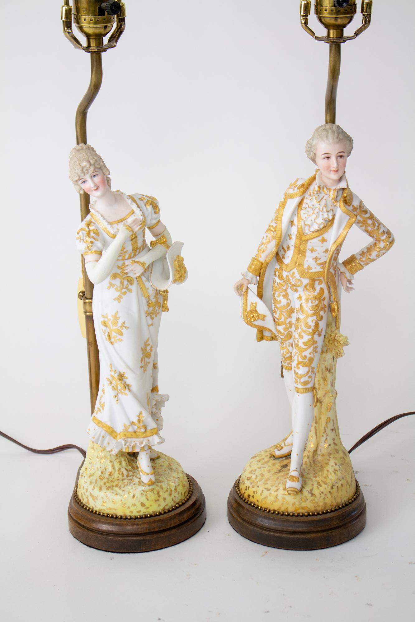 French Provincial 20th Century Courting Couple Bisque Figural Lamps - a Pair For Sale