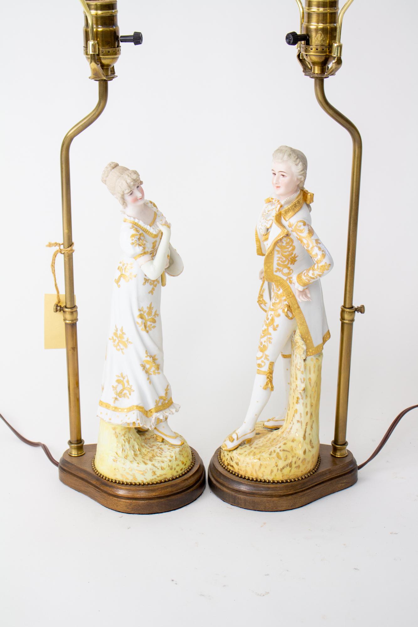 German 20th Century Courting Couple Bisque Figural Lamps - a Pair For Sale