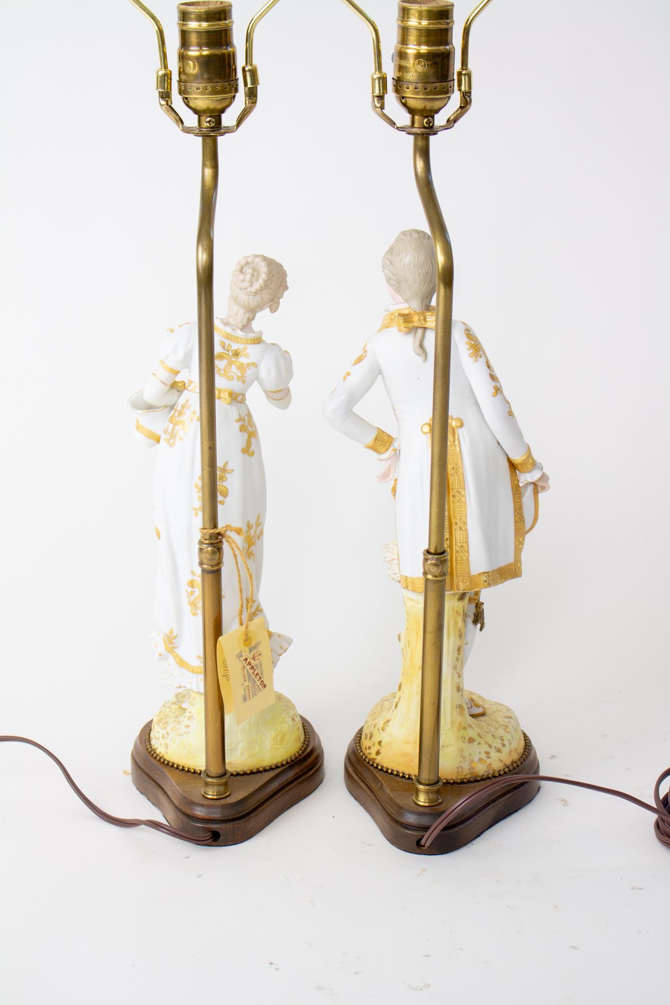 20th Century Courting Couple Bisque Figural Lamps - a Pair In Excellent Condition For Sale In Canton, MA