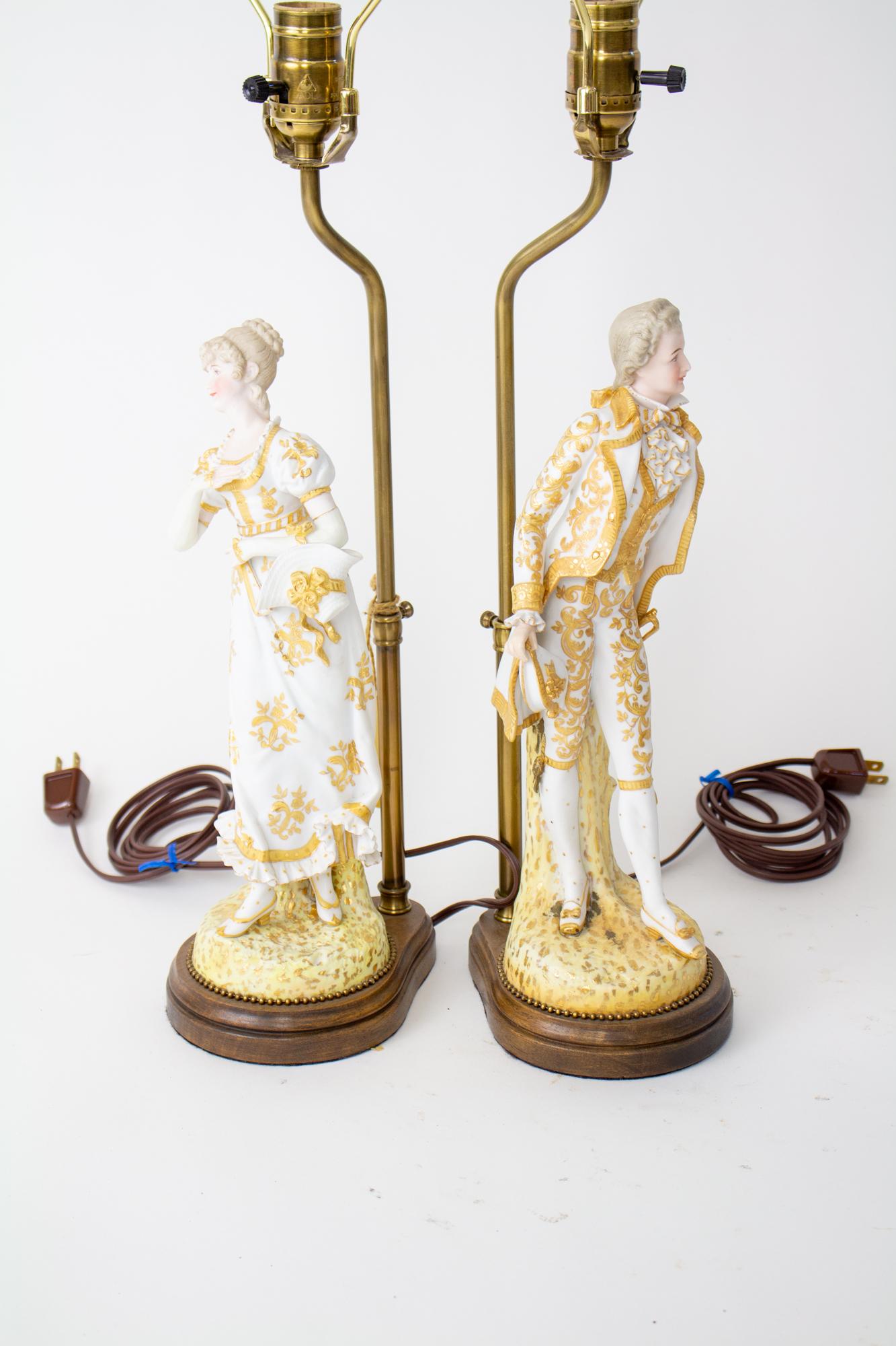Brass 20th Century Courting Couple Bisque Figural Lamps - a Pair For Sale