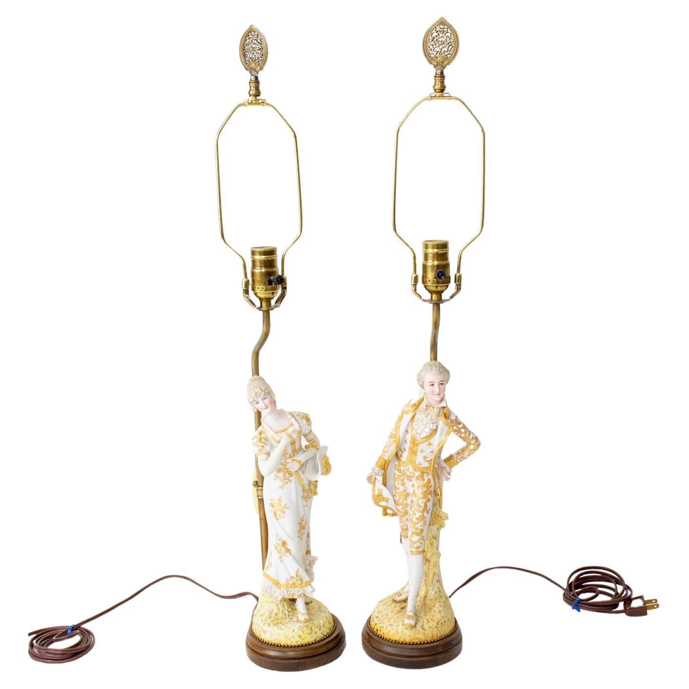 20th Century Courting Couple Bisque Figural Lamps - a Pair For Sale