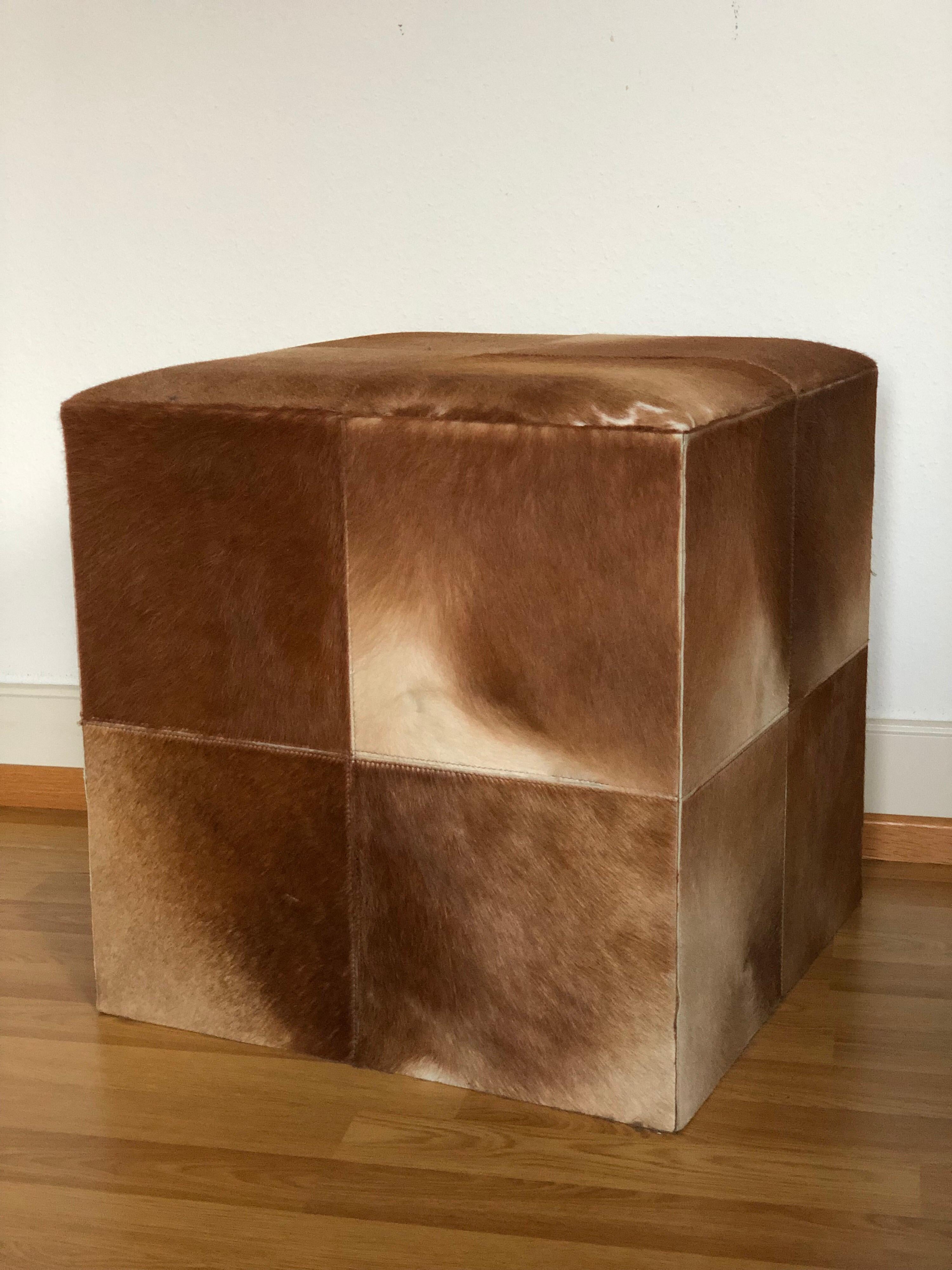 Swiss 20th Century Cowhide Cube Ottoman or Pouf in Light Brown SALE 