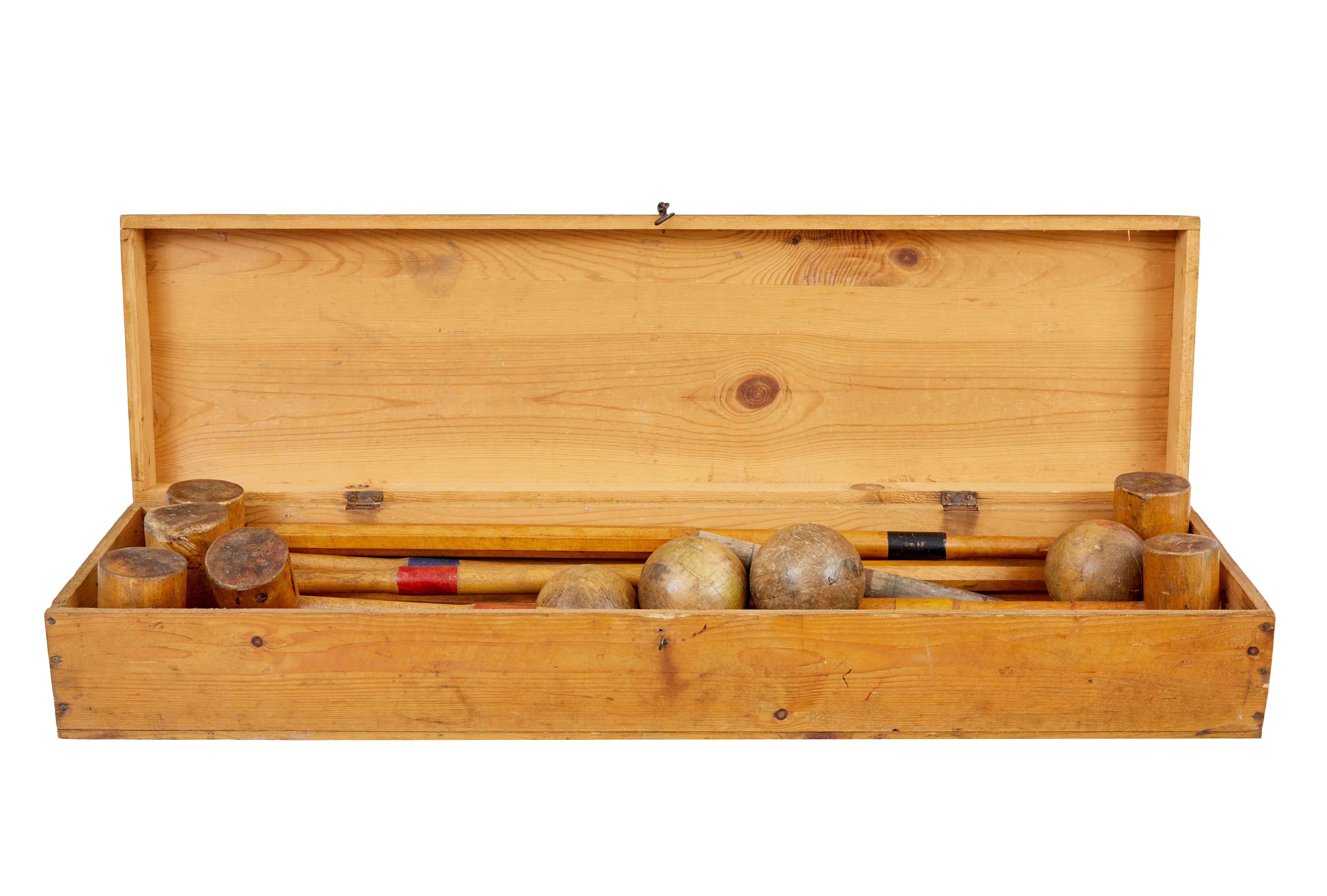 Hand-Crafted 20th century croquet set in pine box For Sale