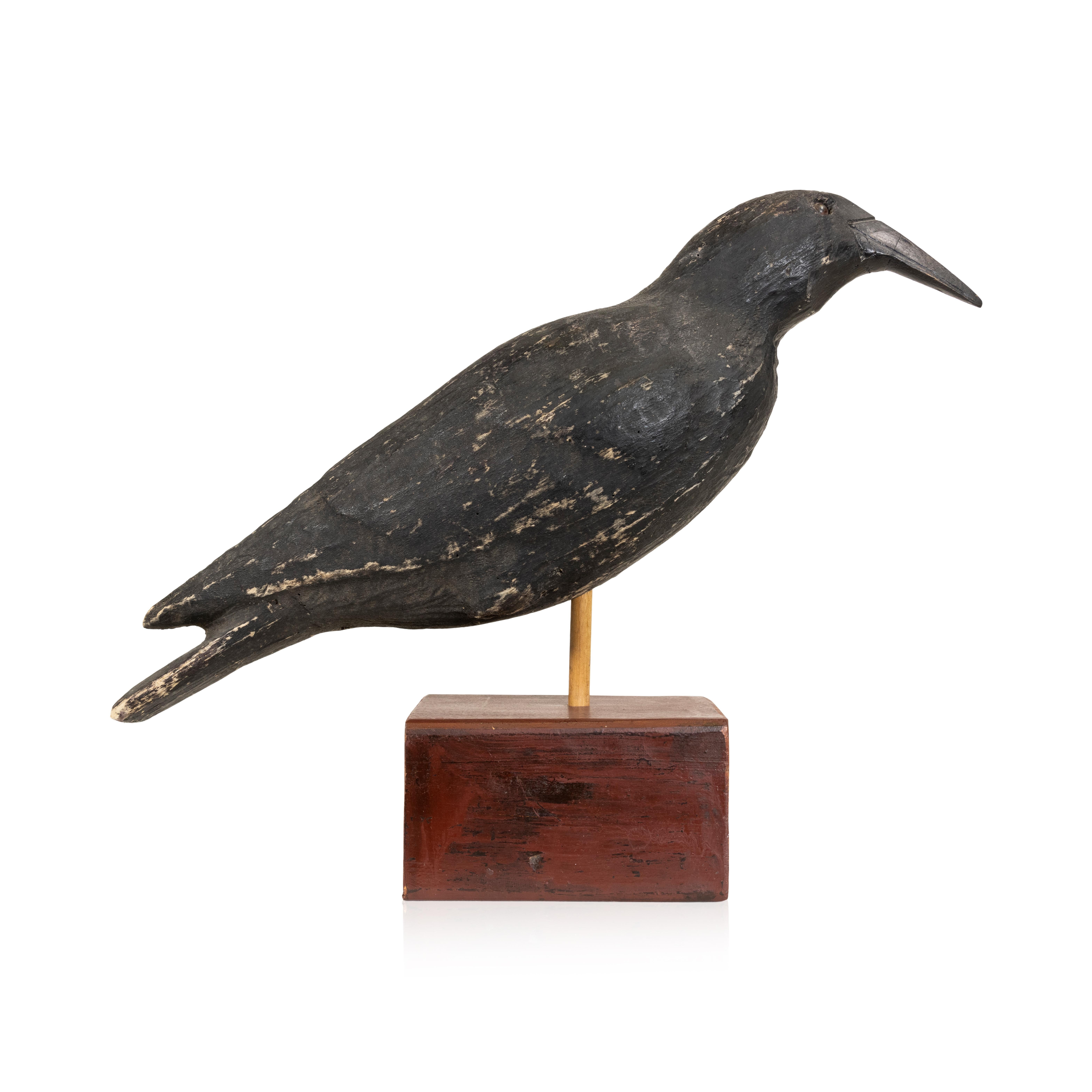 20th Century Crow decoy. Crow decoy mounted on modern base. Balsa wood, glass eyes. Life size, with base.

Period: 20th century
Origin: United States
Size:  16