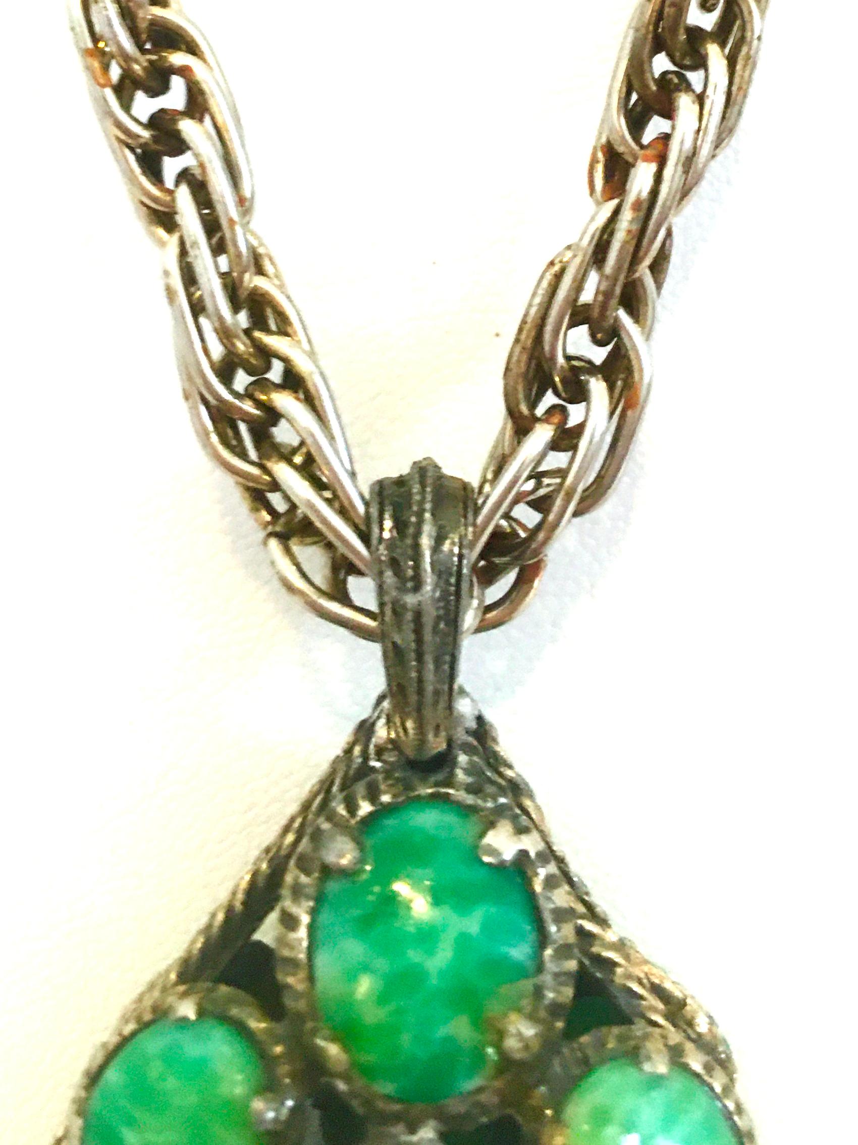 20th Century Crown Trifari Silver Plate & Faux Turquoise Pendant Necklace For Sale 1