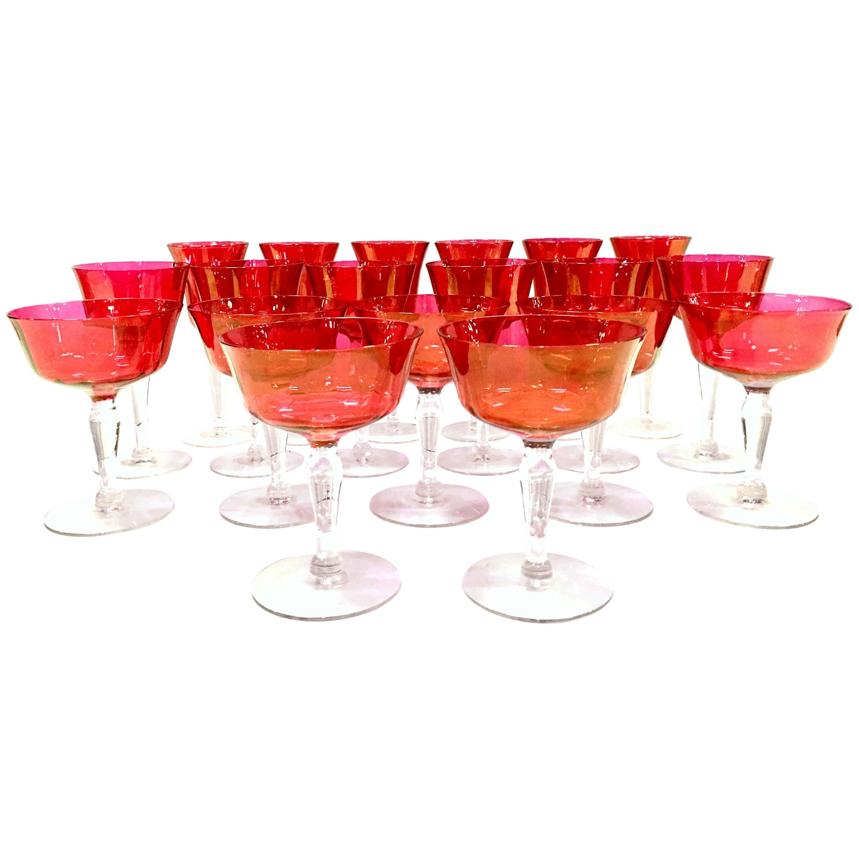 1960"s Set Of 19 Crystal Cranberry Stem Drinking Glasses For Sale
