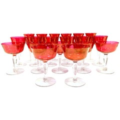 1960"s Set Of 19 Crystal Cranberry Stem Drinking Glasses