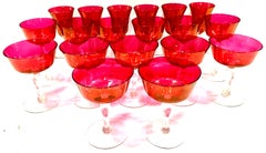 1960"s Set Of 19 Crystal Cranberry Stem Drinking Glasses