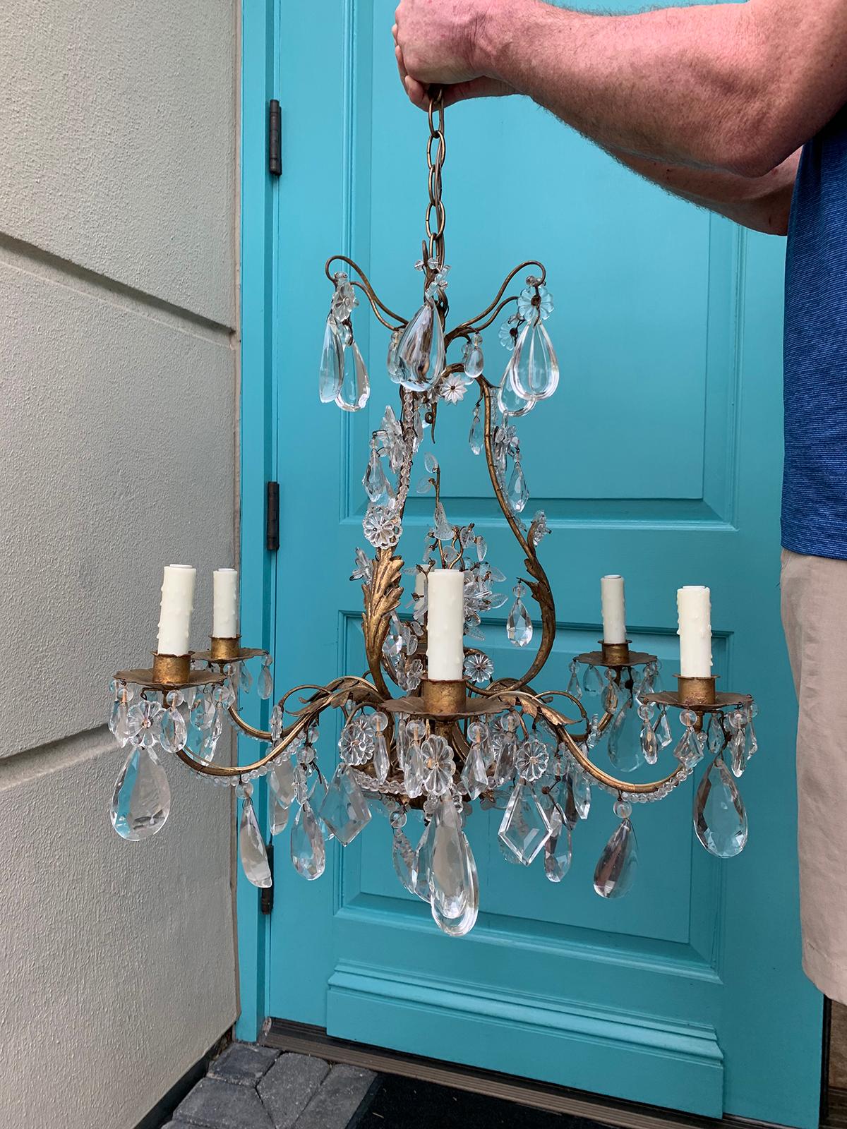 20th century crystal six-arm chandelier attributes to Maison Bagues
Brand new wiring
Crystal prisms are clear - turquoise shown is a reflection of our front door.
