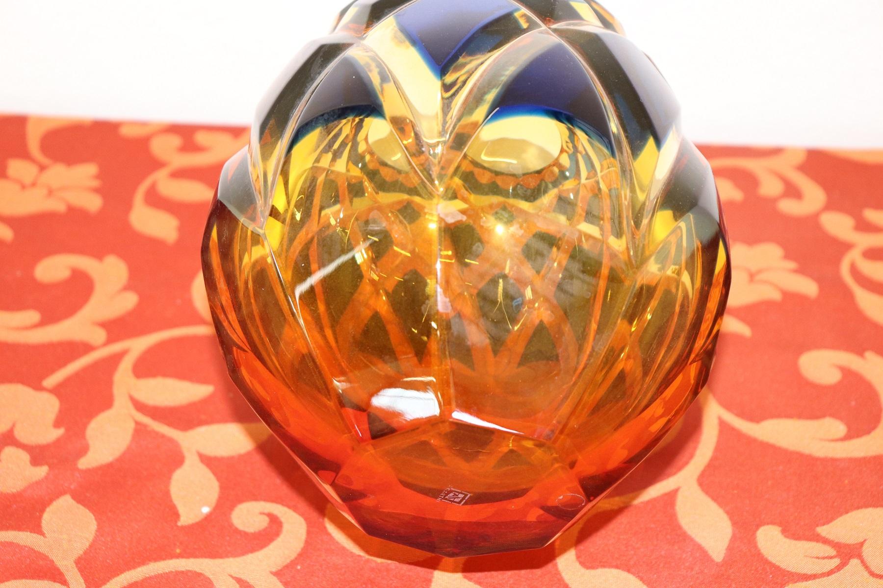 20th Century Crystal Vase in Blue and Amber Color by Agarthi In Excellent Condition In Casale Monferrato, IT