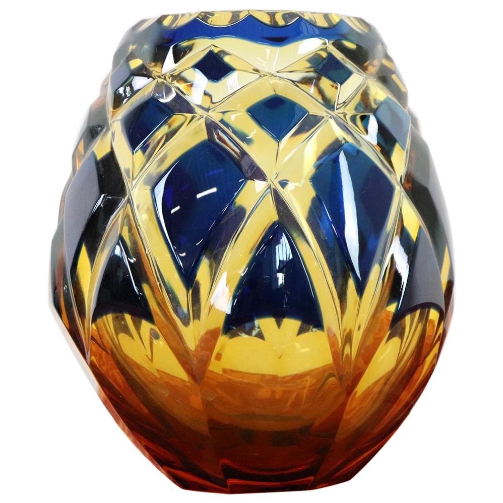 20th Century Crystal Vase in Blue and Amber Color by Agarthi