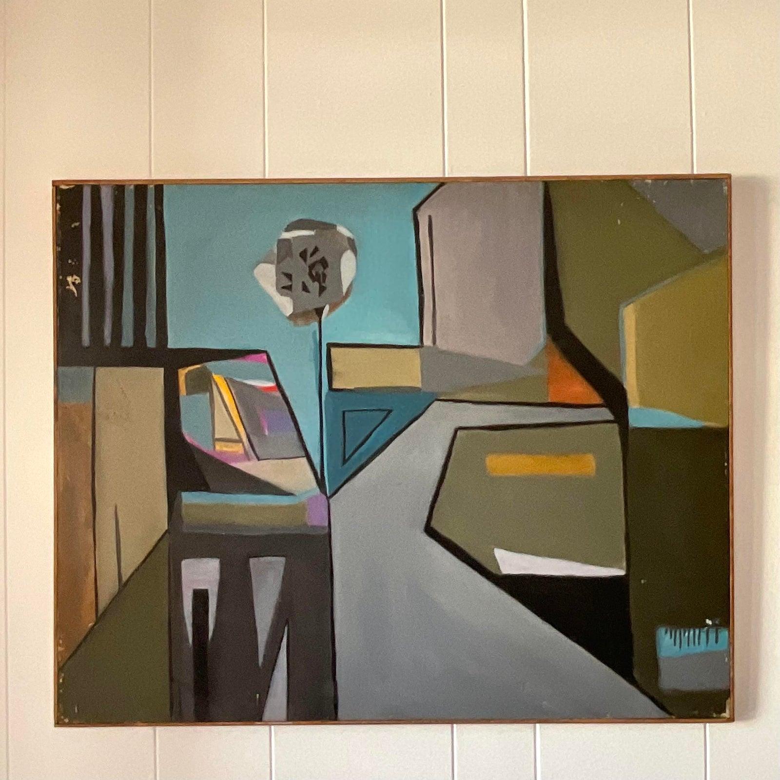 20th Century Cubist Abstract Original Oil Painting on Canvas In Good Condition For Sale In west palm beach, FL