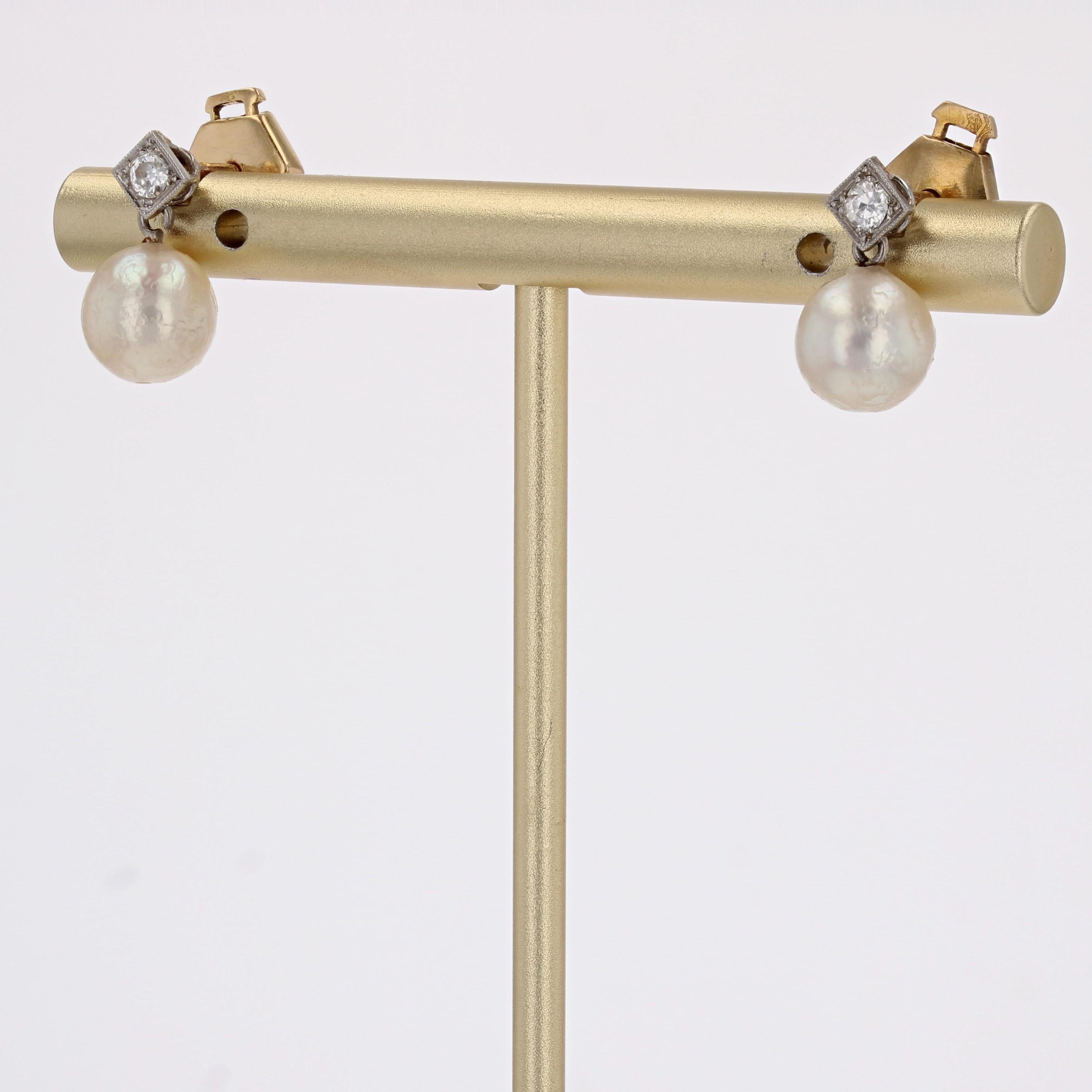 Art Deco 20th Century Cultured Pearl Diamonds 18 Karat Yellow Gold Drop Earrings For Sale