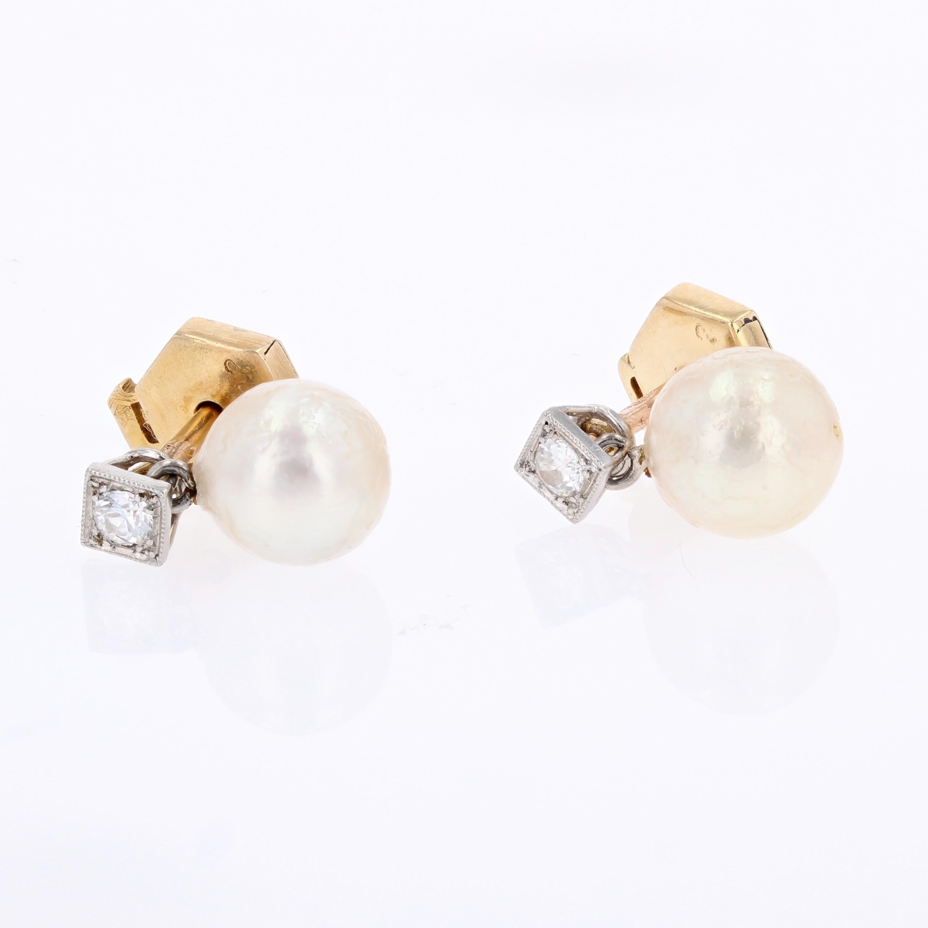 20th Century Cultured Pearl Diamonds 18 Karat Yellow Gold Drop Earrings For Sale 2