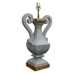 20th Century Custom Painted French Blue Wood Urn Lamp with Handles