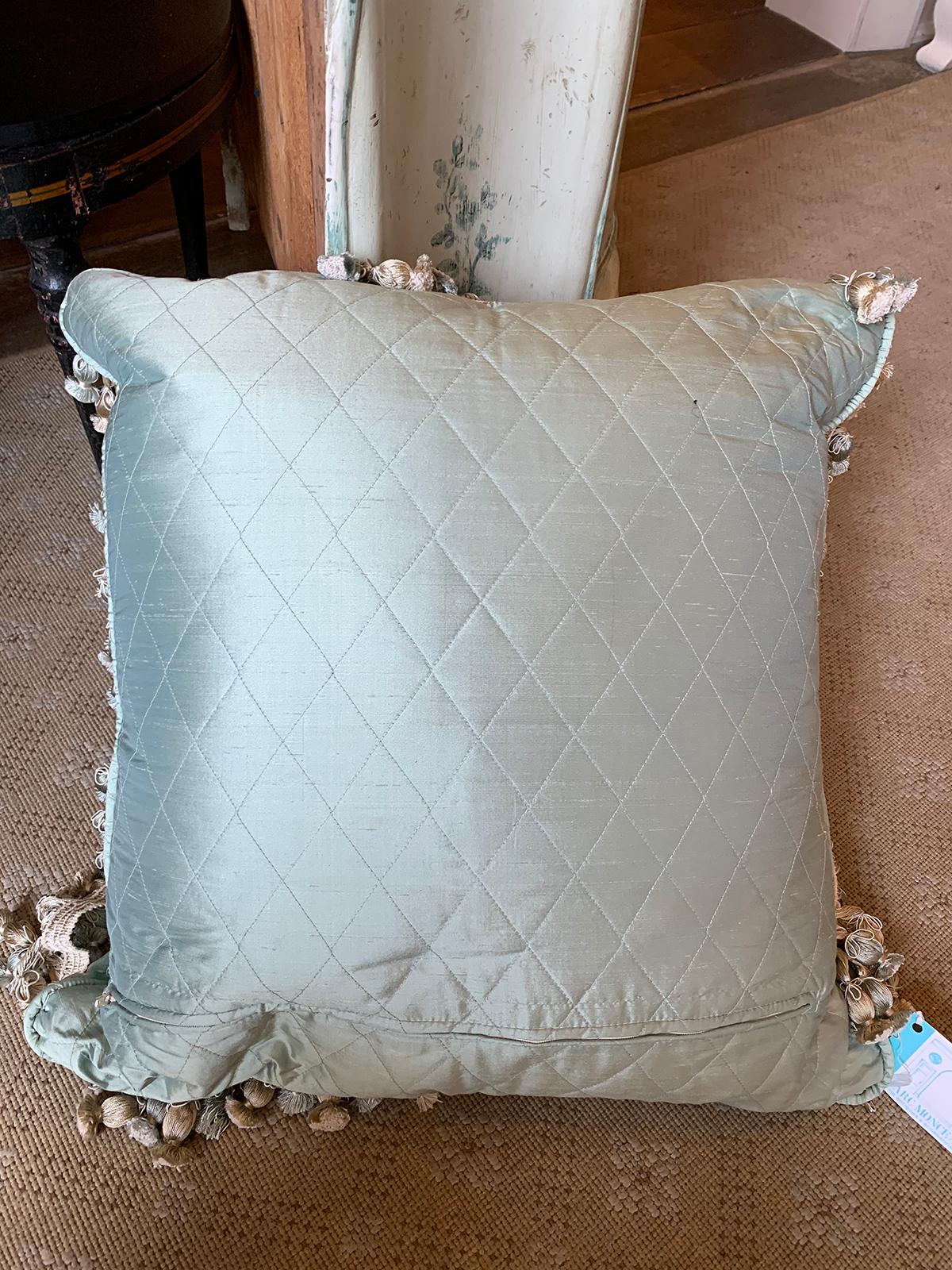 20th Century Custom Silk Damask Pillow with Tassel Fringe 4
