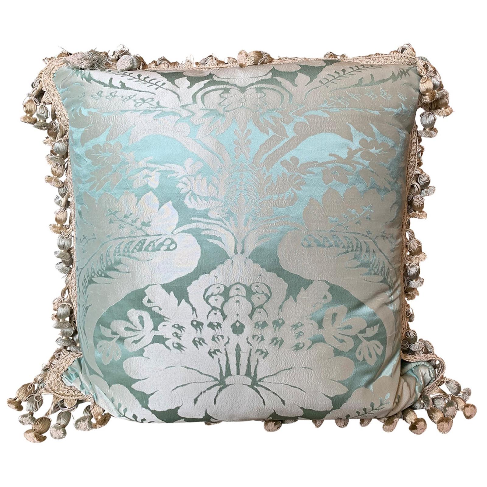 20th Century Custom Silk Damask Pillow with Tassel Fringe